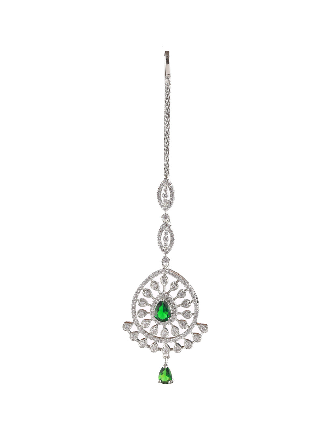 Silver Plated Green & White AD Studded Handcrafted Maang Tika - Jazzandsizzle