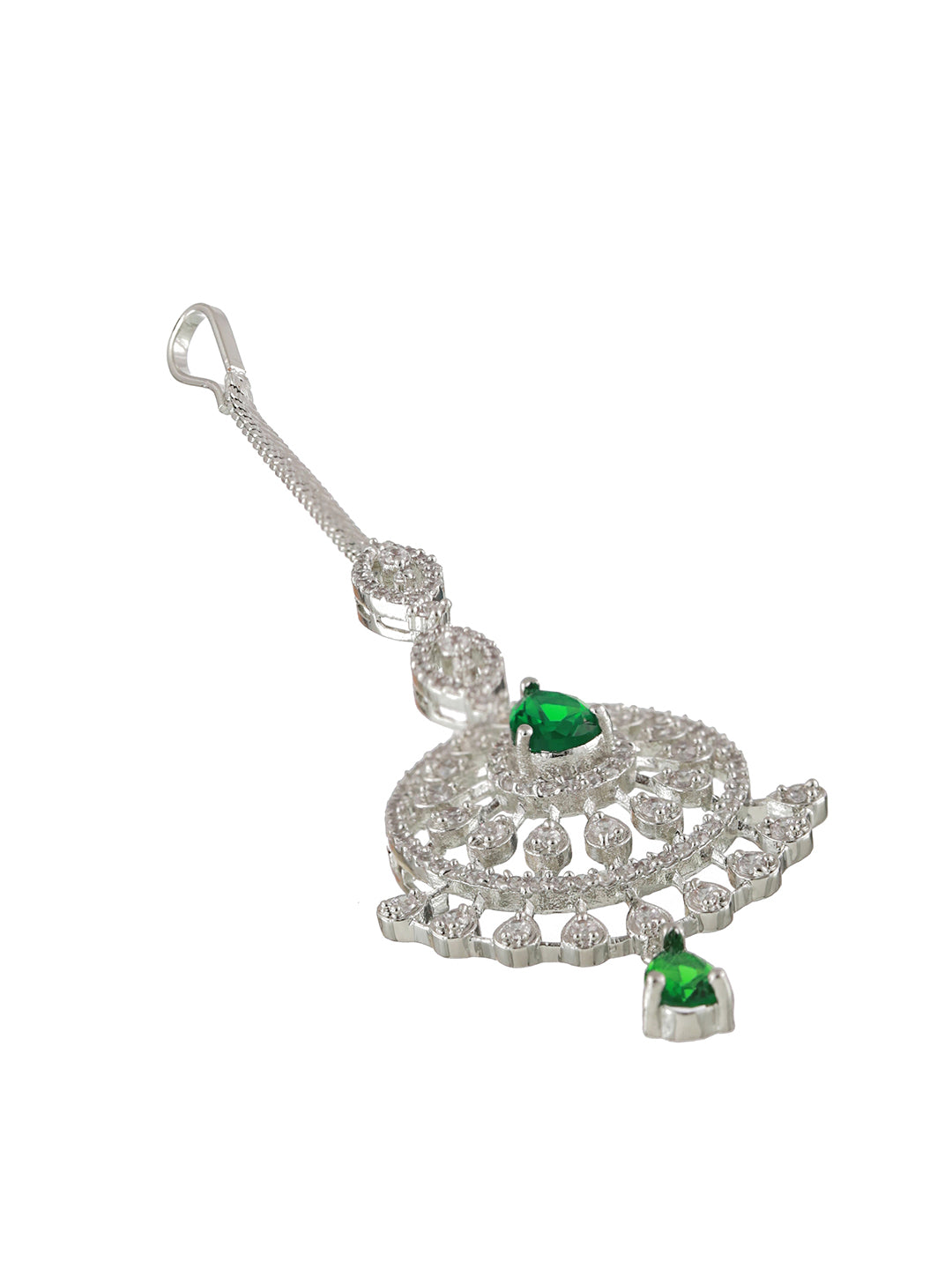 Silver Plated Green & White AD Studded Handcrafted Maang Tika - Jazzandsizzle