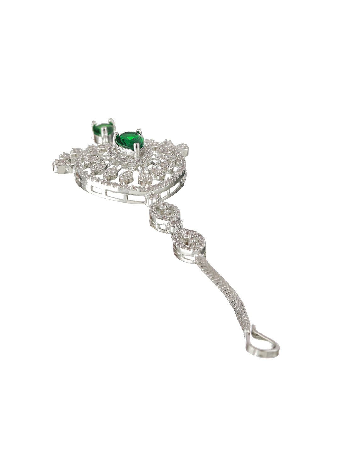 Silver Plated Green & White AD Studded Handcrafted Maang Tika - Jazzandsizzle