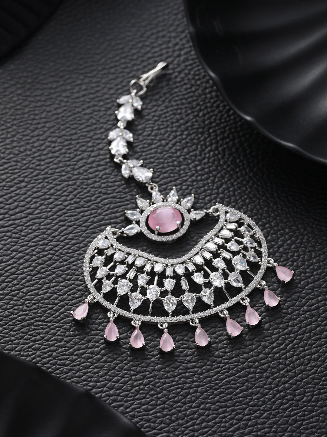 Silver Plated Pink & White AD Studded Handcrafted Maang Tika - Jazzandsizzle
