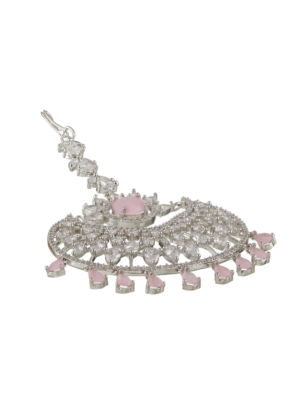 Silver Plated Pink & White AD Studded Handcrafted Maang Tika - Jazzandsizzle