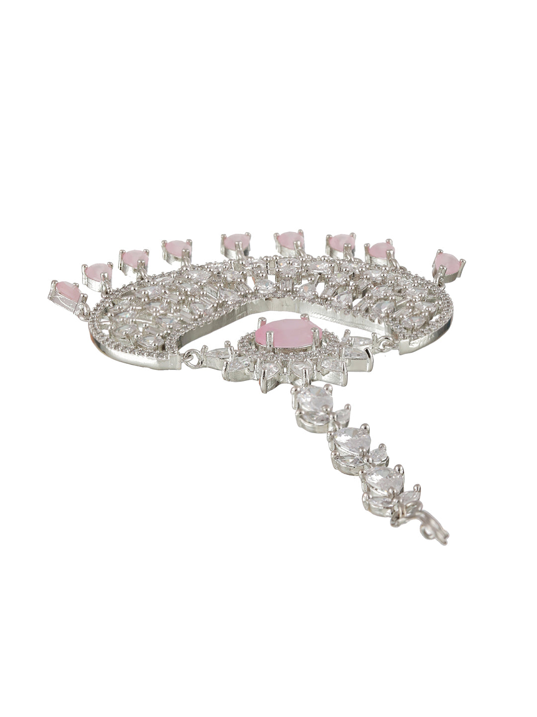 Silver Plated Pink & White AD Studded Handcrafted Maang Tika - Jazzandsizzle