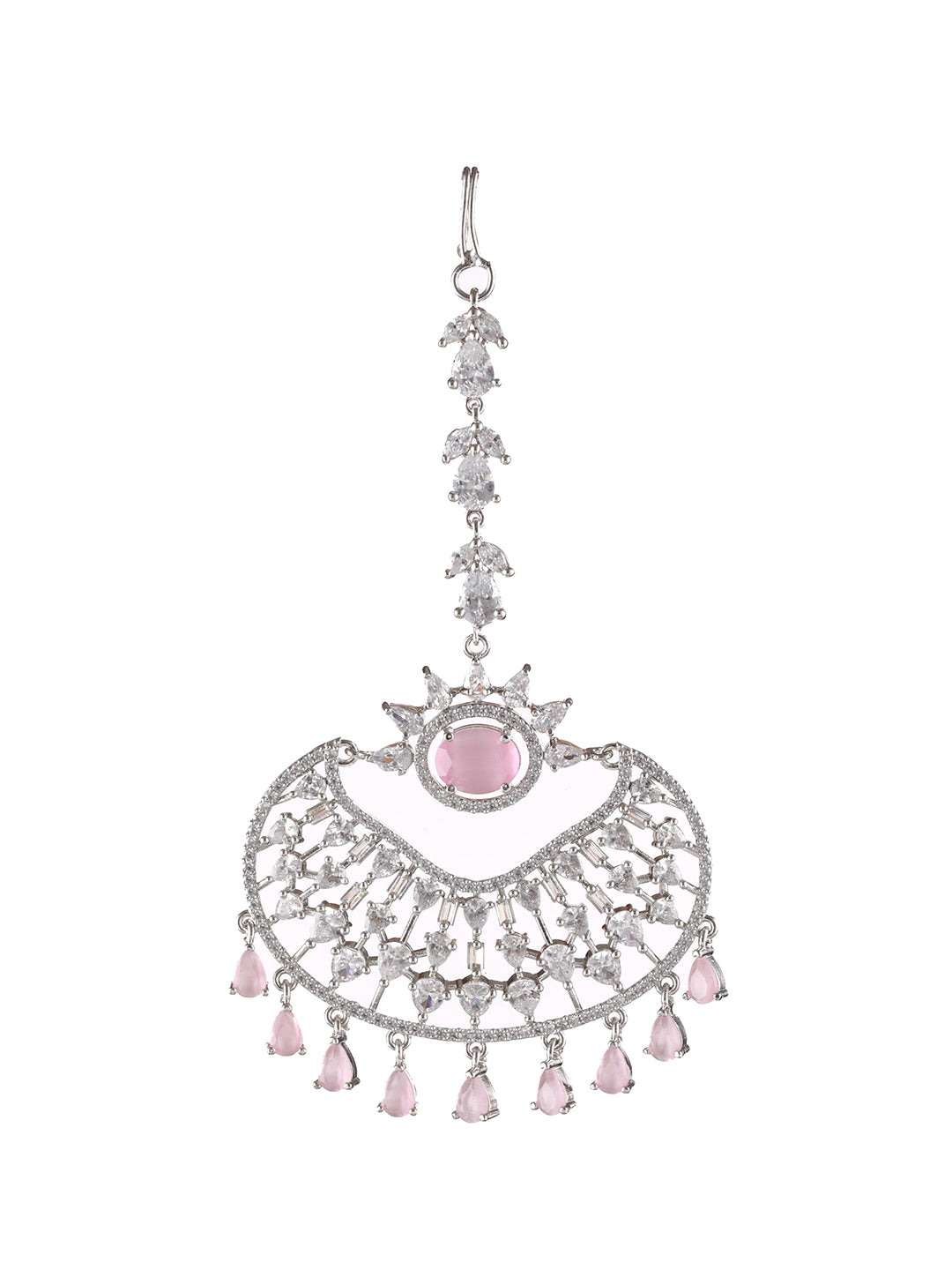 Silver Plated Pink & White AD Studded Handcrafted Maang Tika - Jazzandsizzle