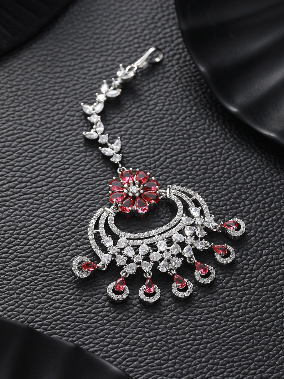 Silver Plated Ruby & White AD Studded Handcrafted Maang Tika - Jazzandsizzle