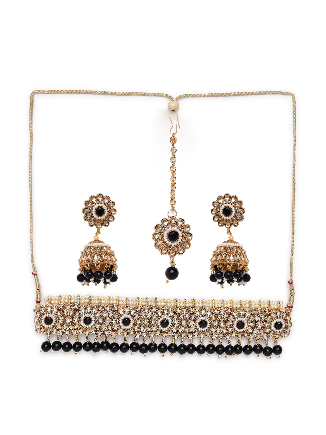 Gold-Plated & Dark Blue Kundan & Beads Studded Traditional Choker Necklace Earring & Maangtikka Set - Jazzandsizzle