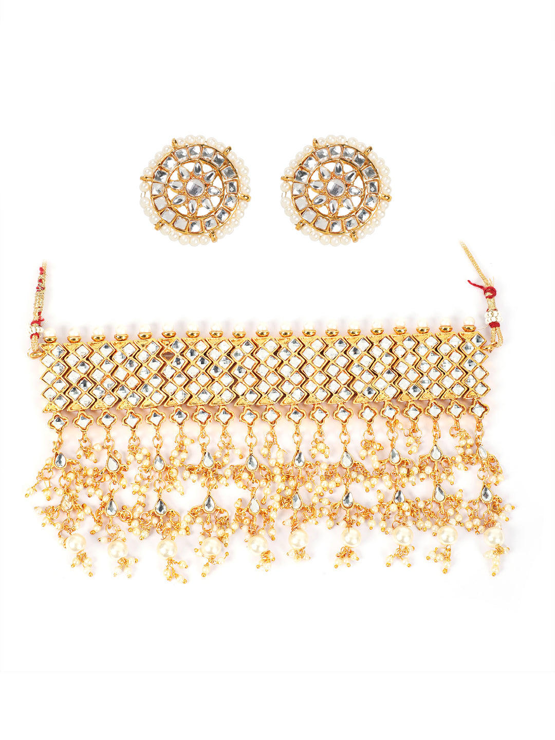 Gold-Plated & White Kundan-Studded & Beaded Jadau Jewellery Set - Jazzandsizzle