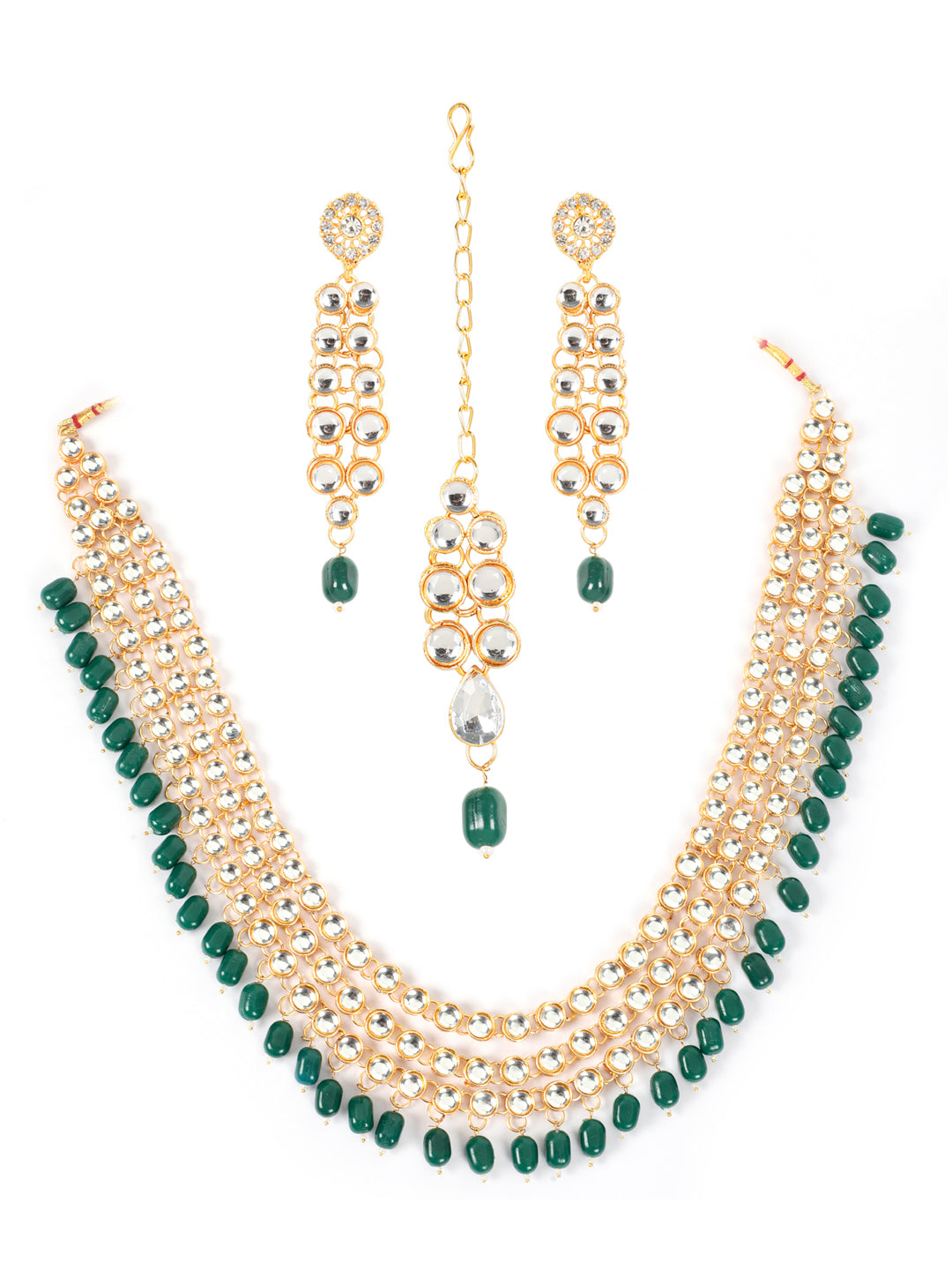 Green Gold-Plated Bridal Kundan Layered Jewellery Set - Jazzandsizzle