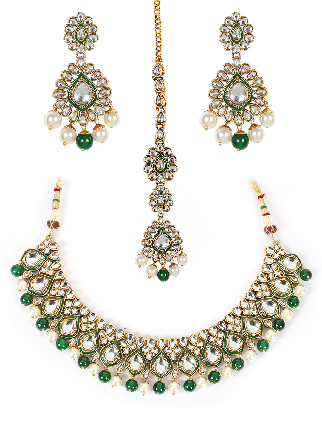 Gold-Plated Green & White Kundan-Studded Beaded Handcrafted Jewellery - Jazzandsizzle