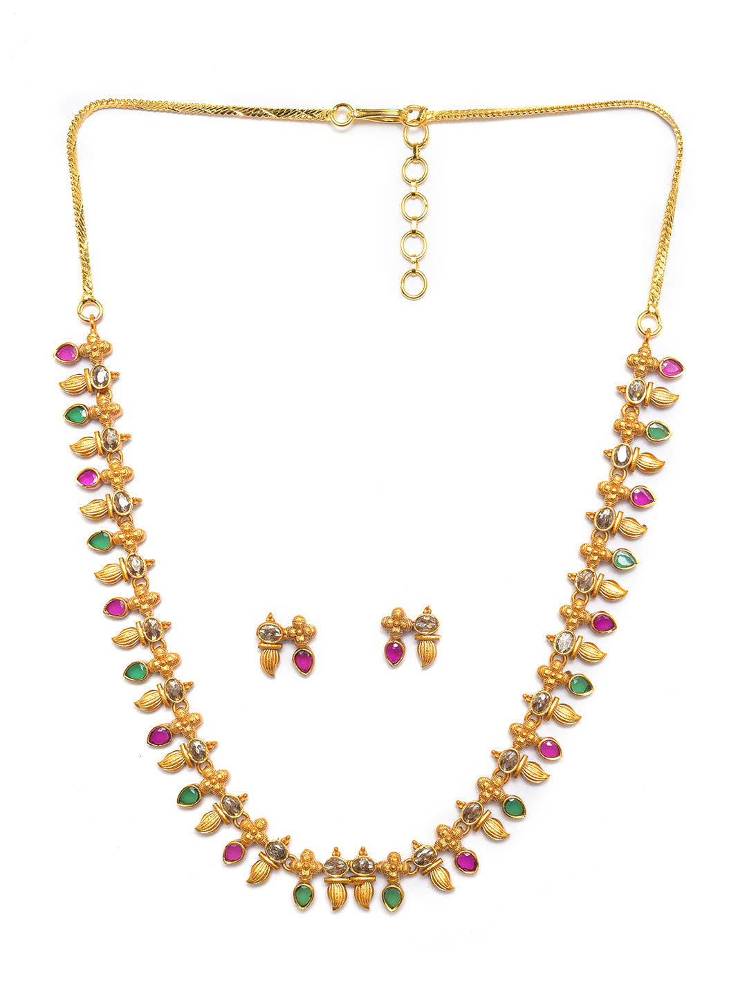 Antique Gold-Plated American Diamond Studded Pink Jewellery Set