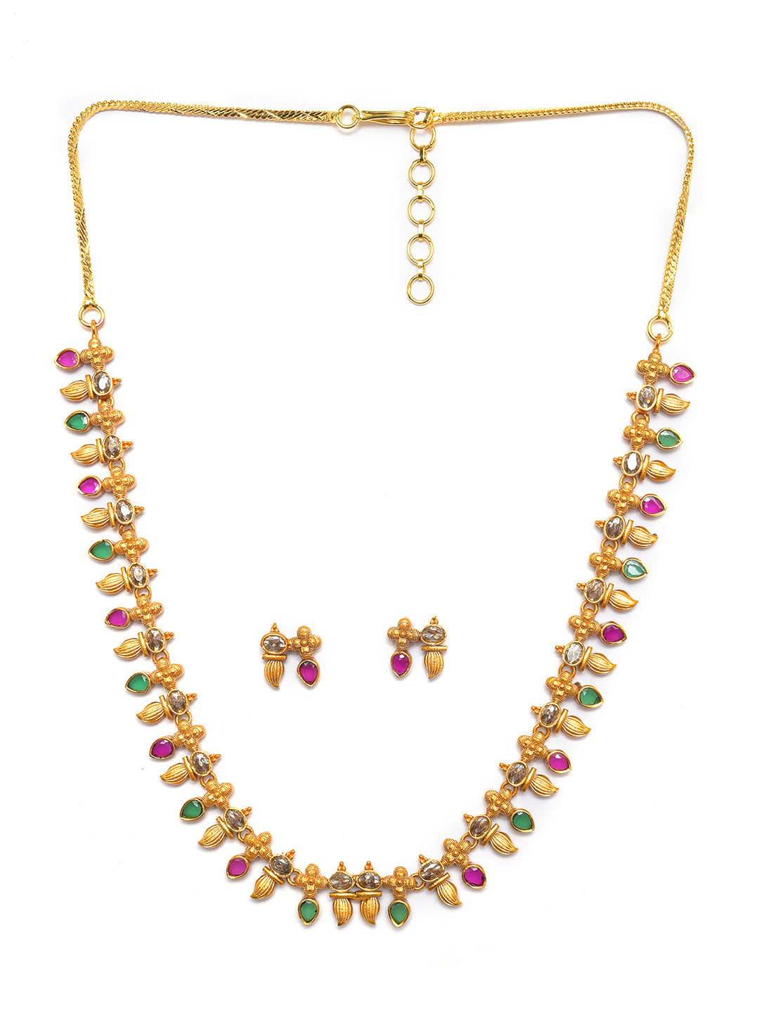 Antique Gold-Plated American Diamond Studded Pink Jewellery Set - Jazzandsizzle