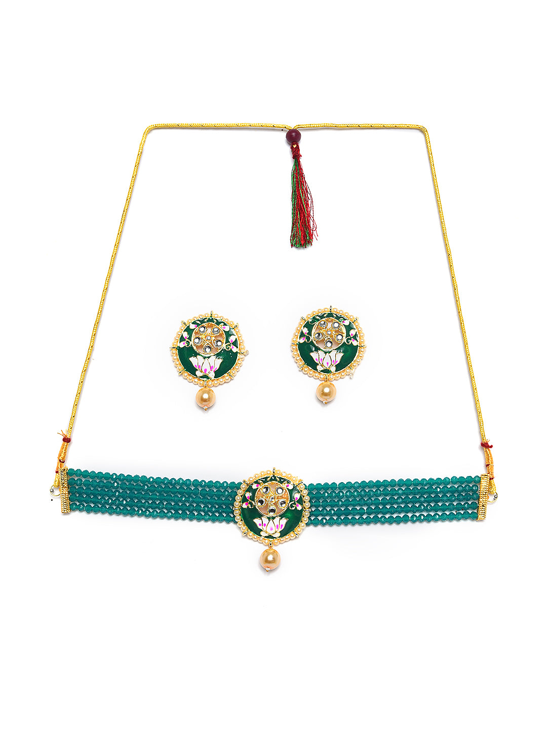 Gold-Plated White Kundan & Pearl Beaded Meenakari Jewellery Set - Jazzandsizzle