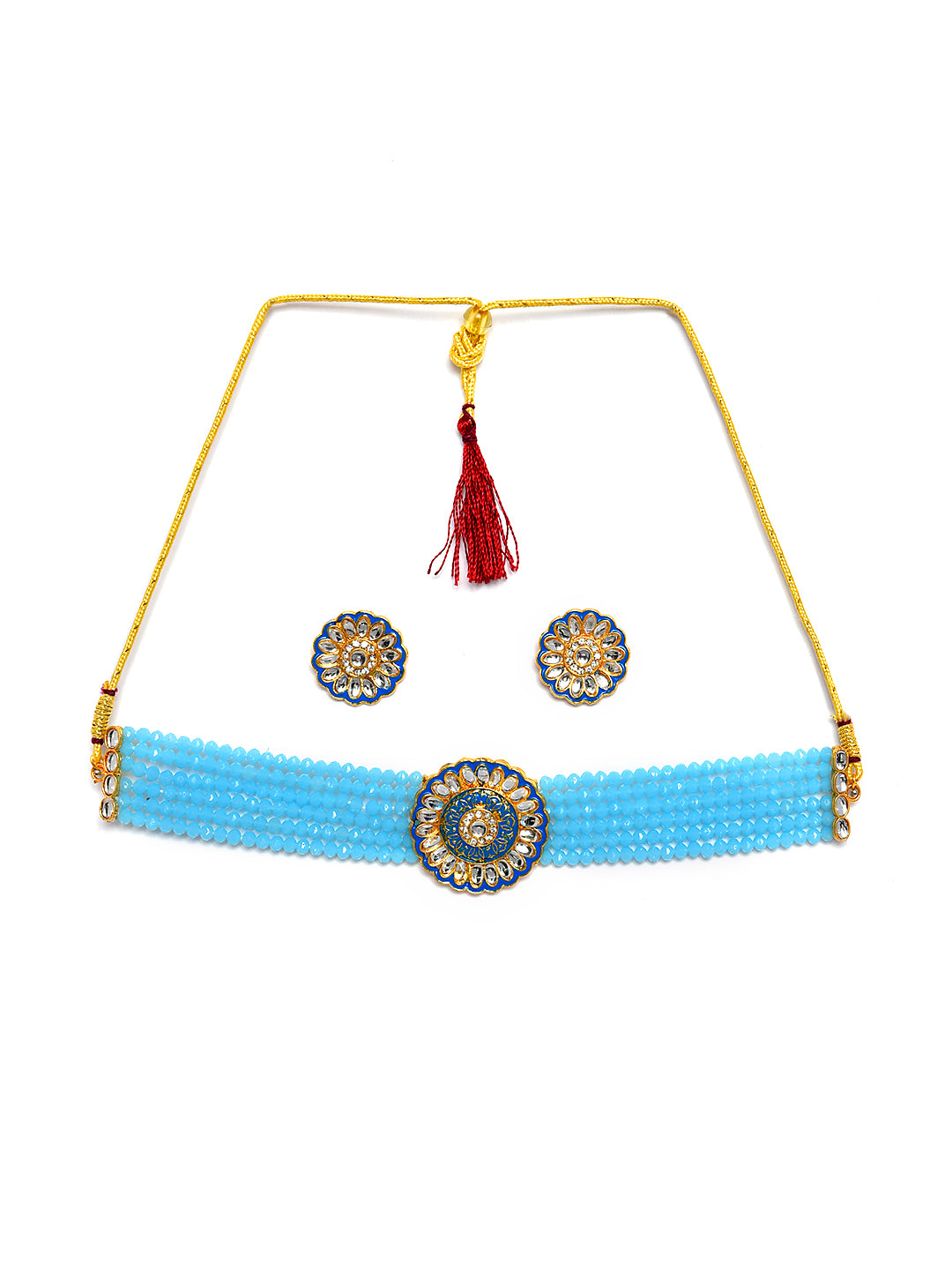 Gold-Plated White & Blue Kundan-Studded & Beaded Meenakari Jewellery Set - Jazzandsizzle