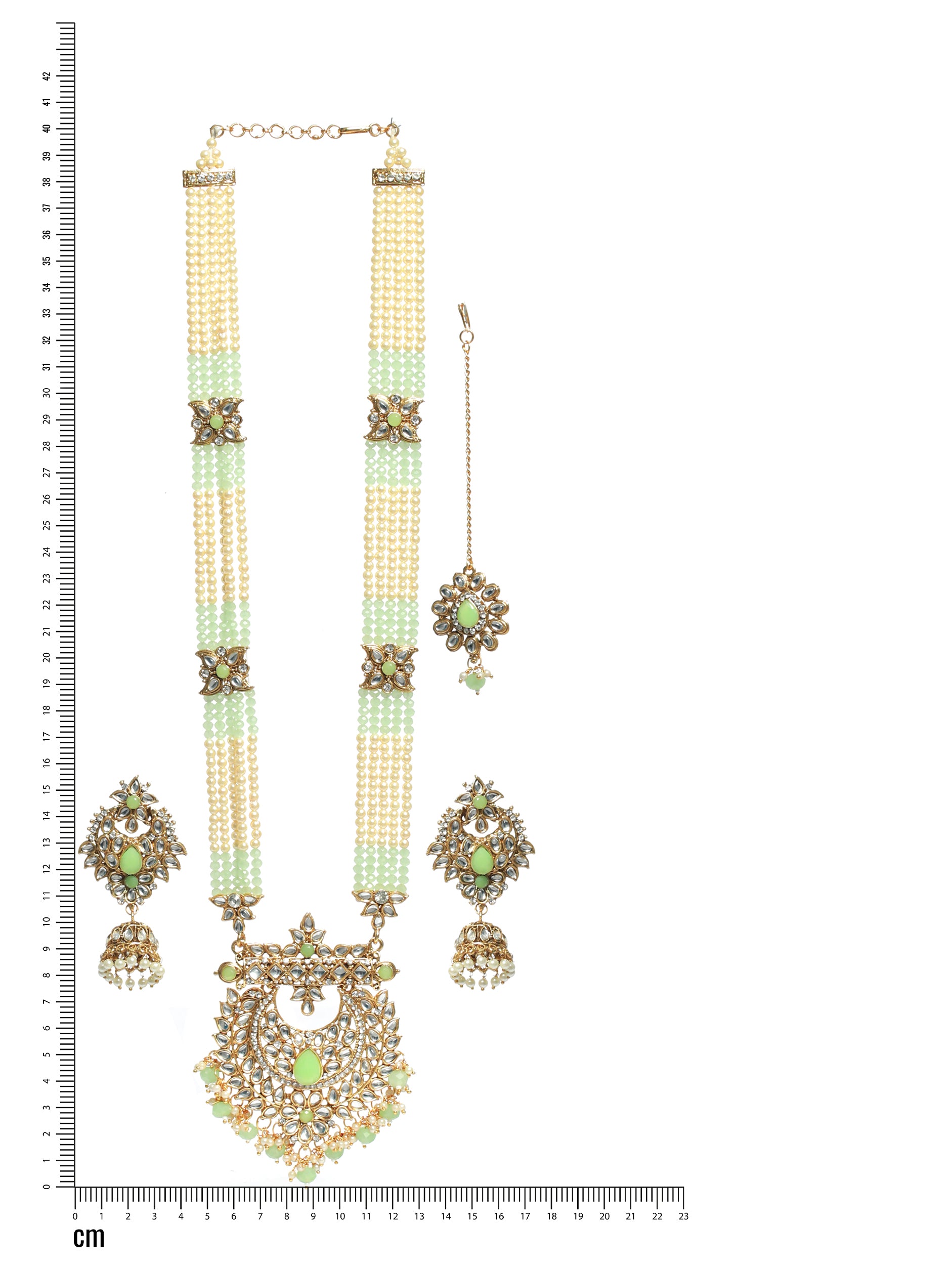 Mint Green Colored Gold-Plated Kundan-Studded & Beaded Handcrafted Jewellery Set - Jazzandsizzle