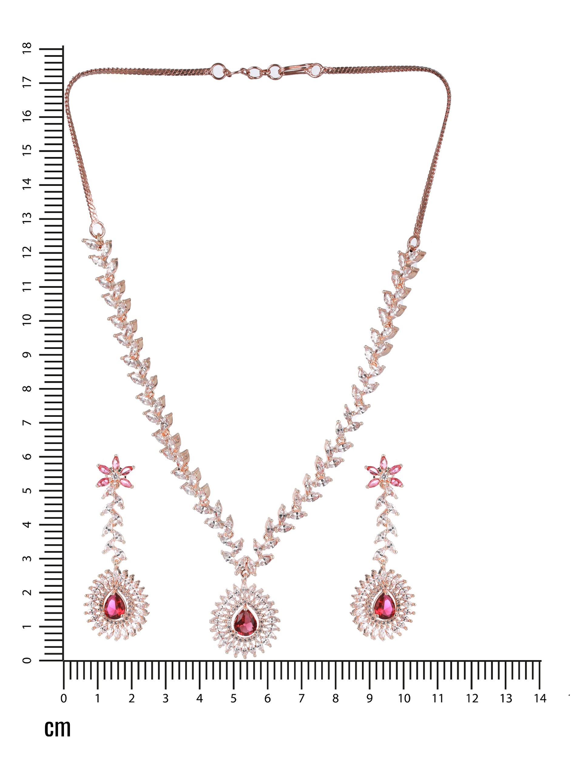 Rose Gold-Plated Red American Diamond & CZ Studded Handcrafted Jewellery Set - Jazzandsizzle