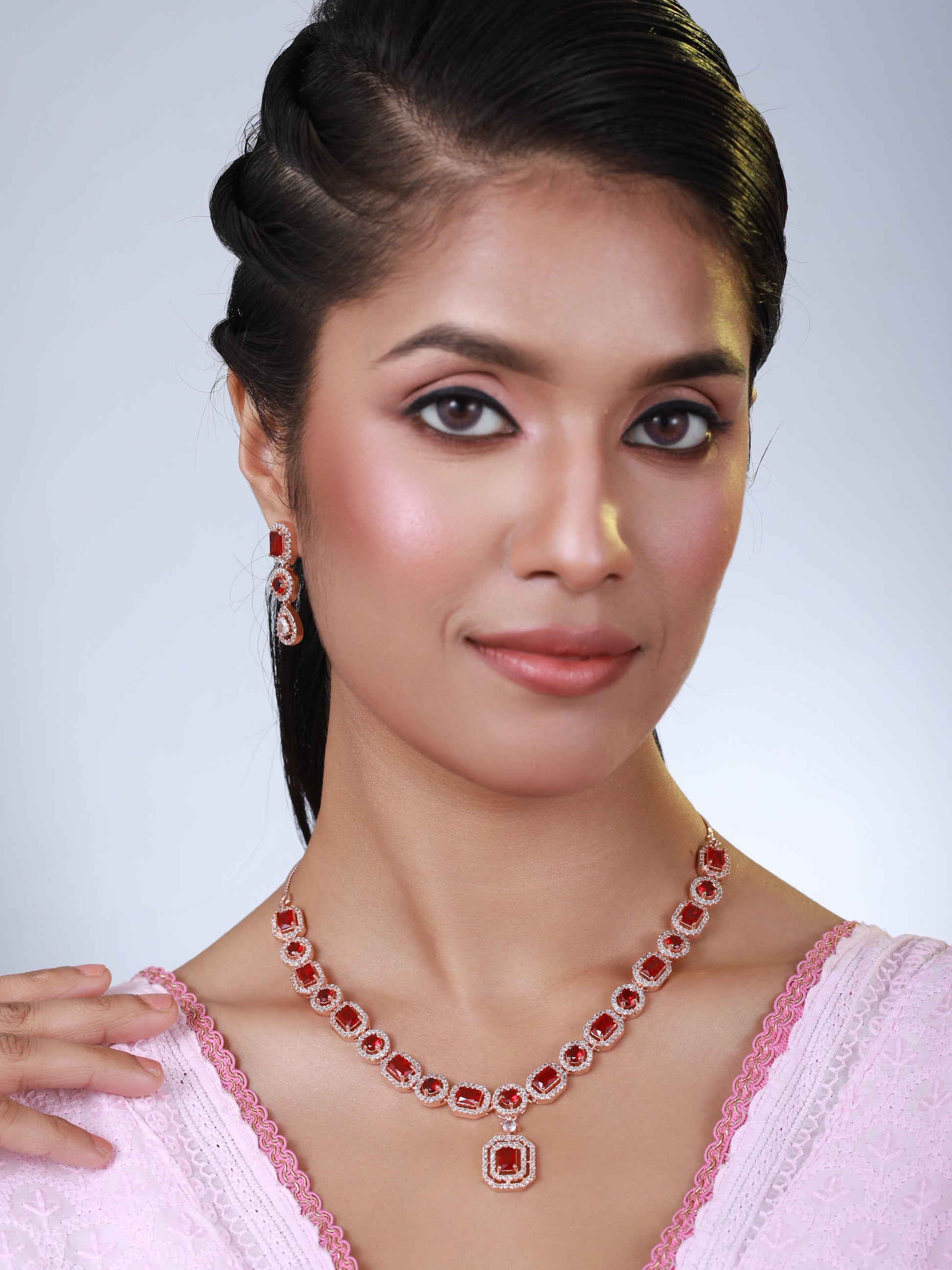 Red American Diamond Rose Gold-Plated & CZ Studded Jewellery Set - Jazzandsizzle