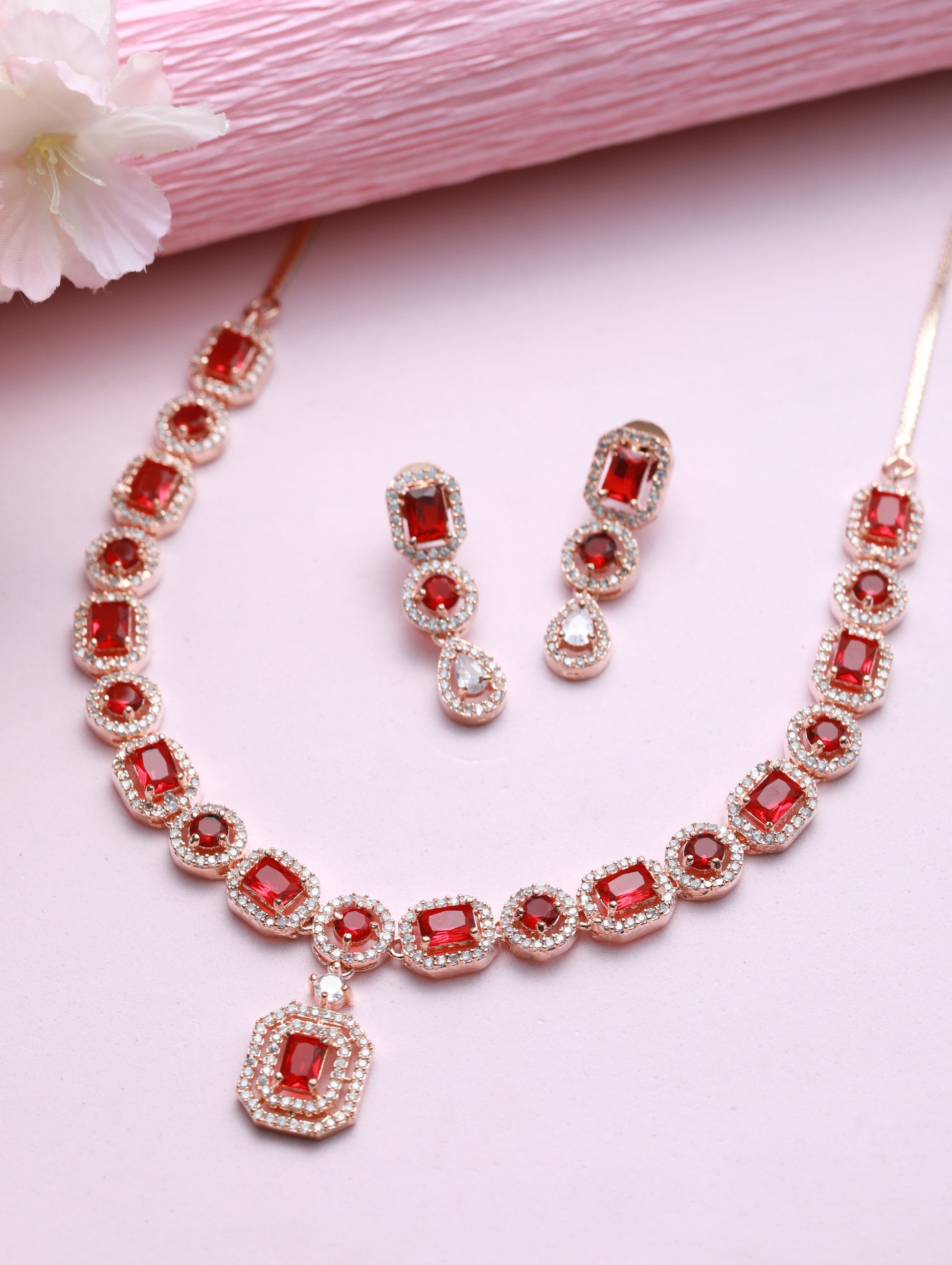 Red American Diamond Rose Gold-Plated & CZ Studded Jewellery Set - Jazzandsizzle