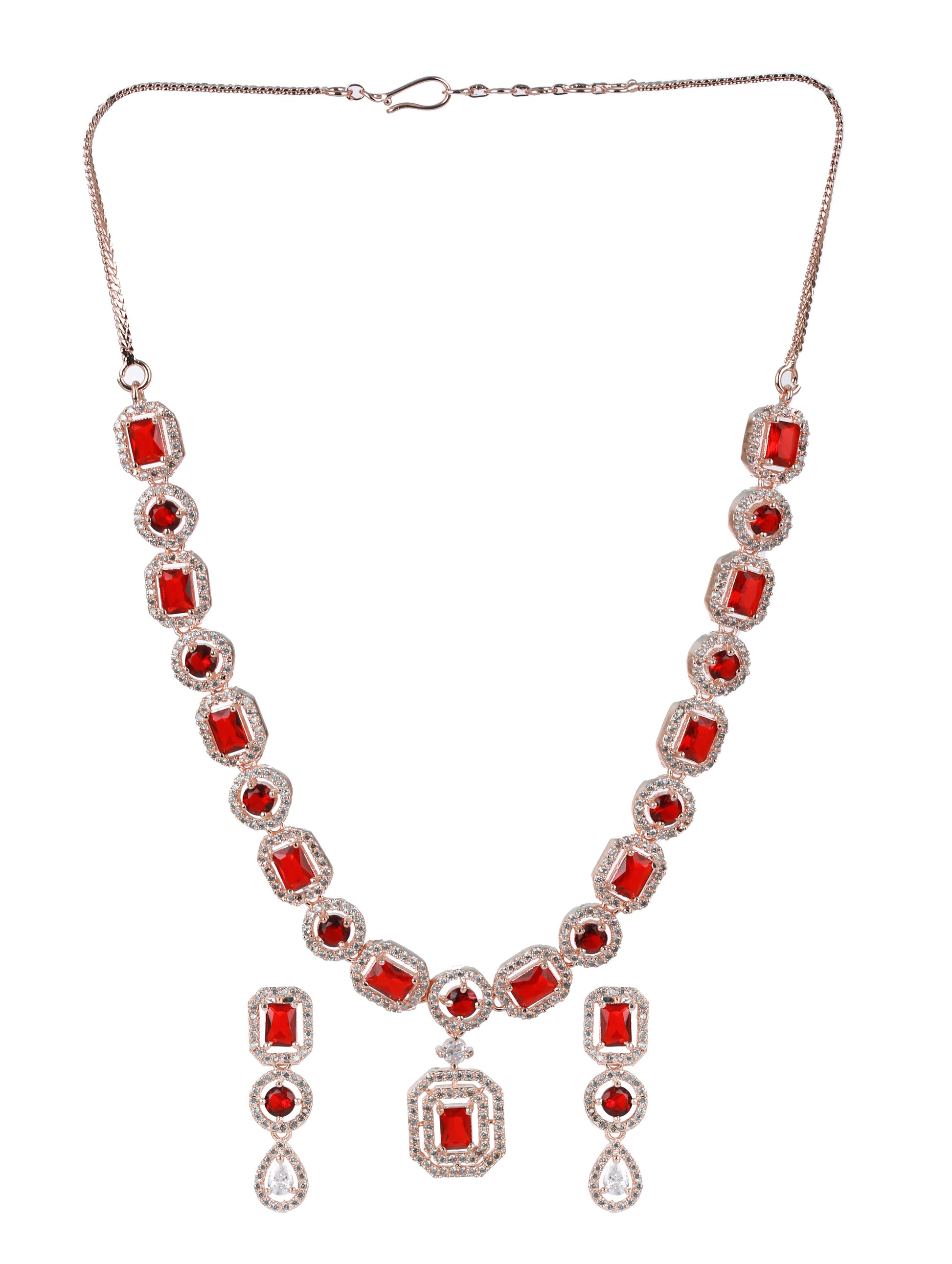 Red American Diamond Rose Gold-Plated & CZ Studded Jewellery Set - Jazzandsizzle