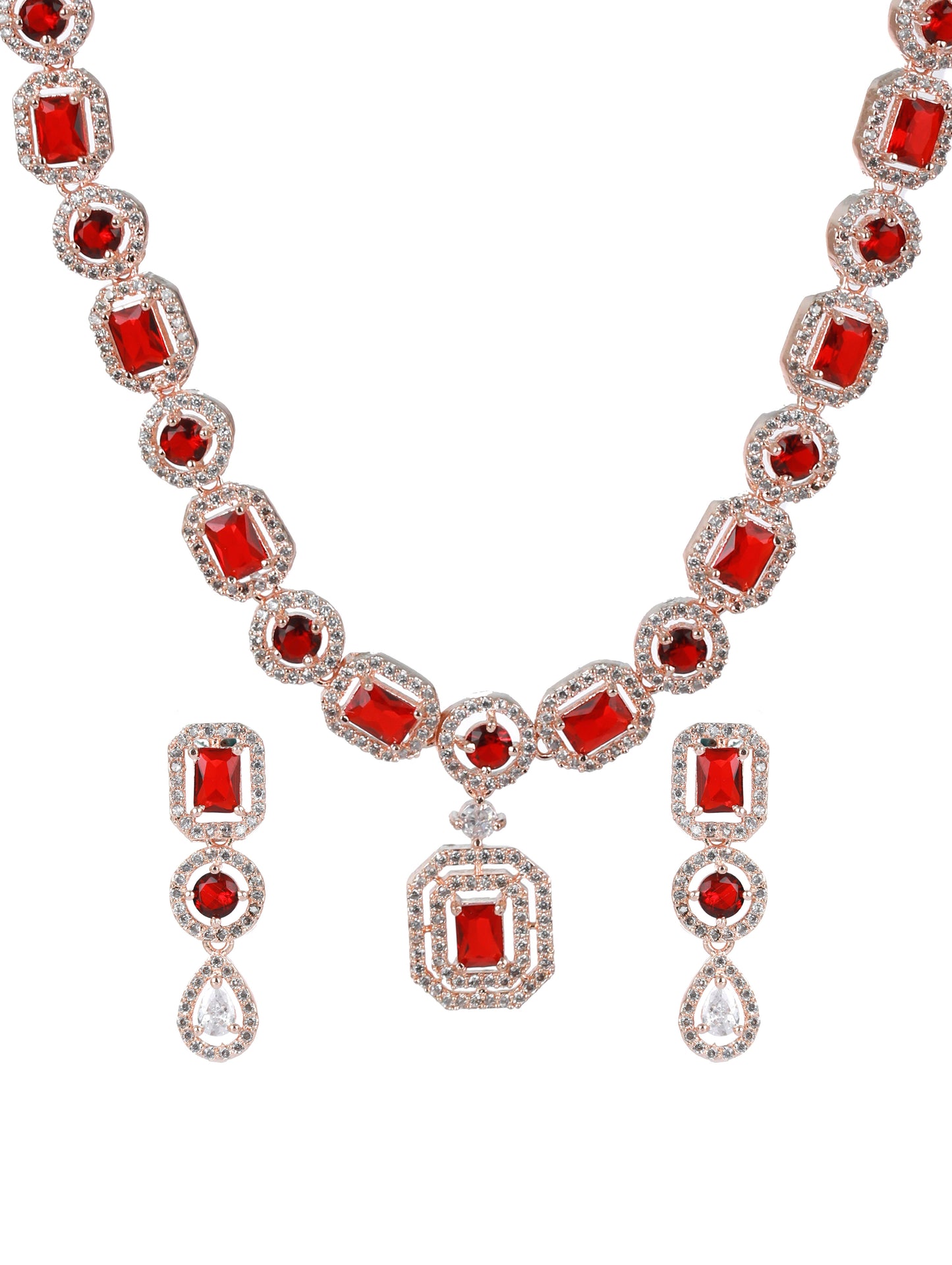 Red American Diamond Rose Gold-Plated & CZ Studded Jewellery Set - Jazzandsizzle