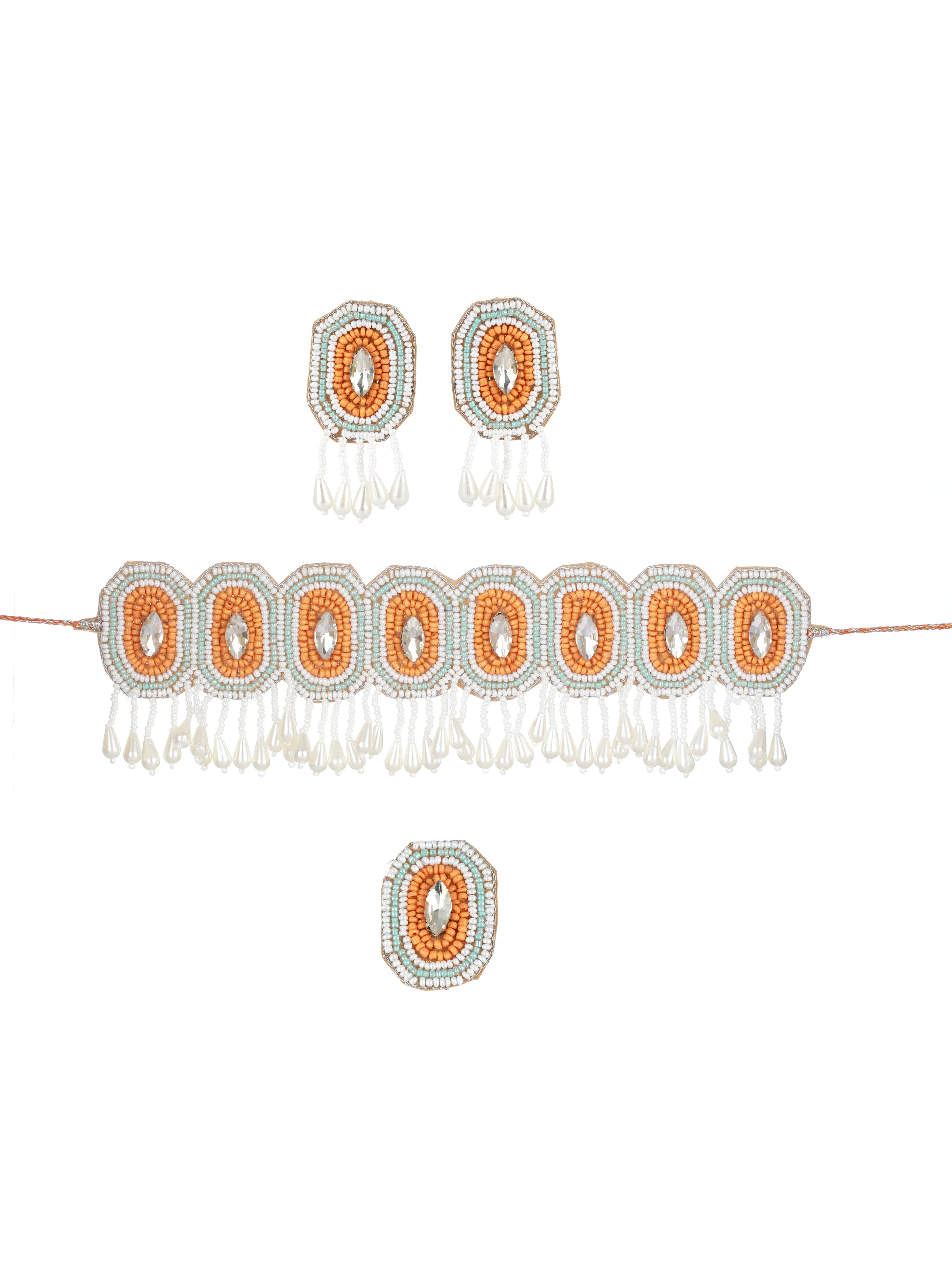 White Crystal Studded Gold-Plated Orange Beaded & Handcrafted Jewellery Set with Ring