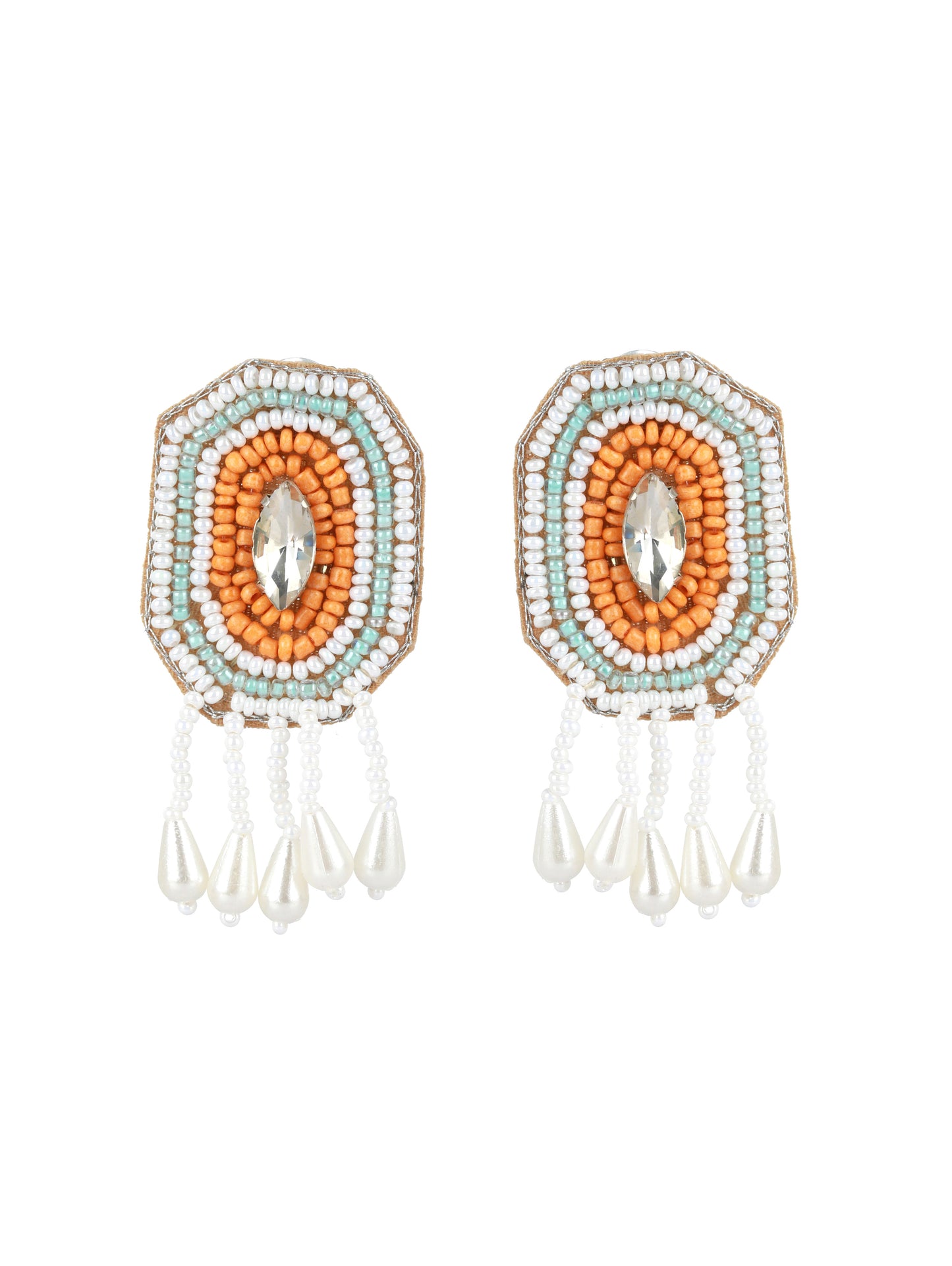 White Crystal Studded Gold-Plated Orange Beaded & Handcrafted Jewellery Set with Ring - Jazzandsizzle