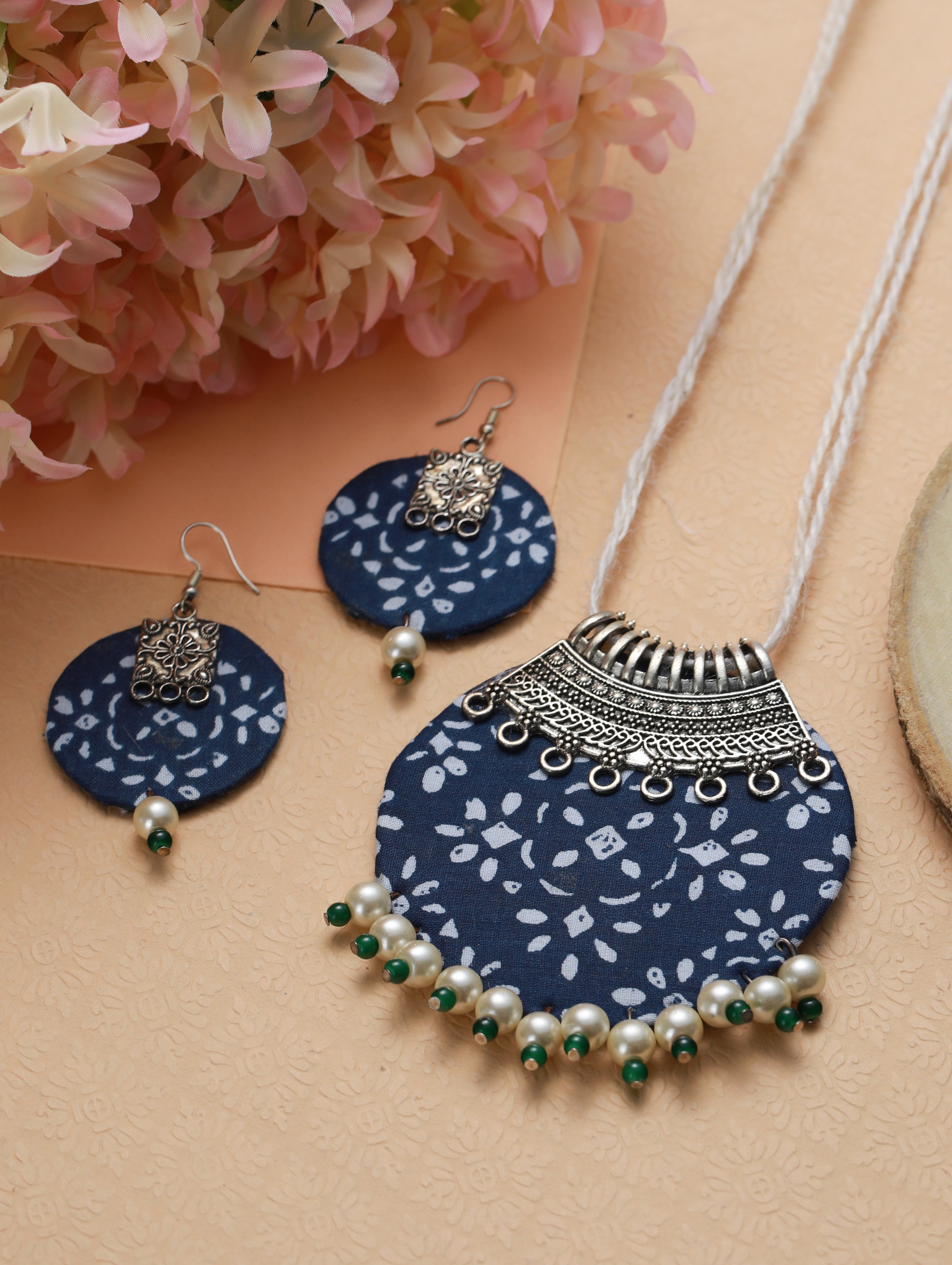 Blue and White Handpainted Fabric Material & Silver Work with White & Green Beads Jewellery Set - Jazzandsizzle