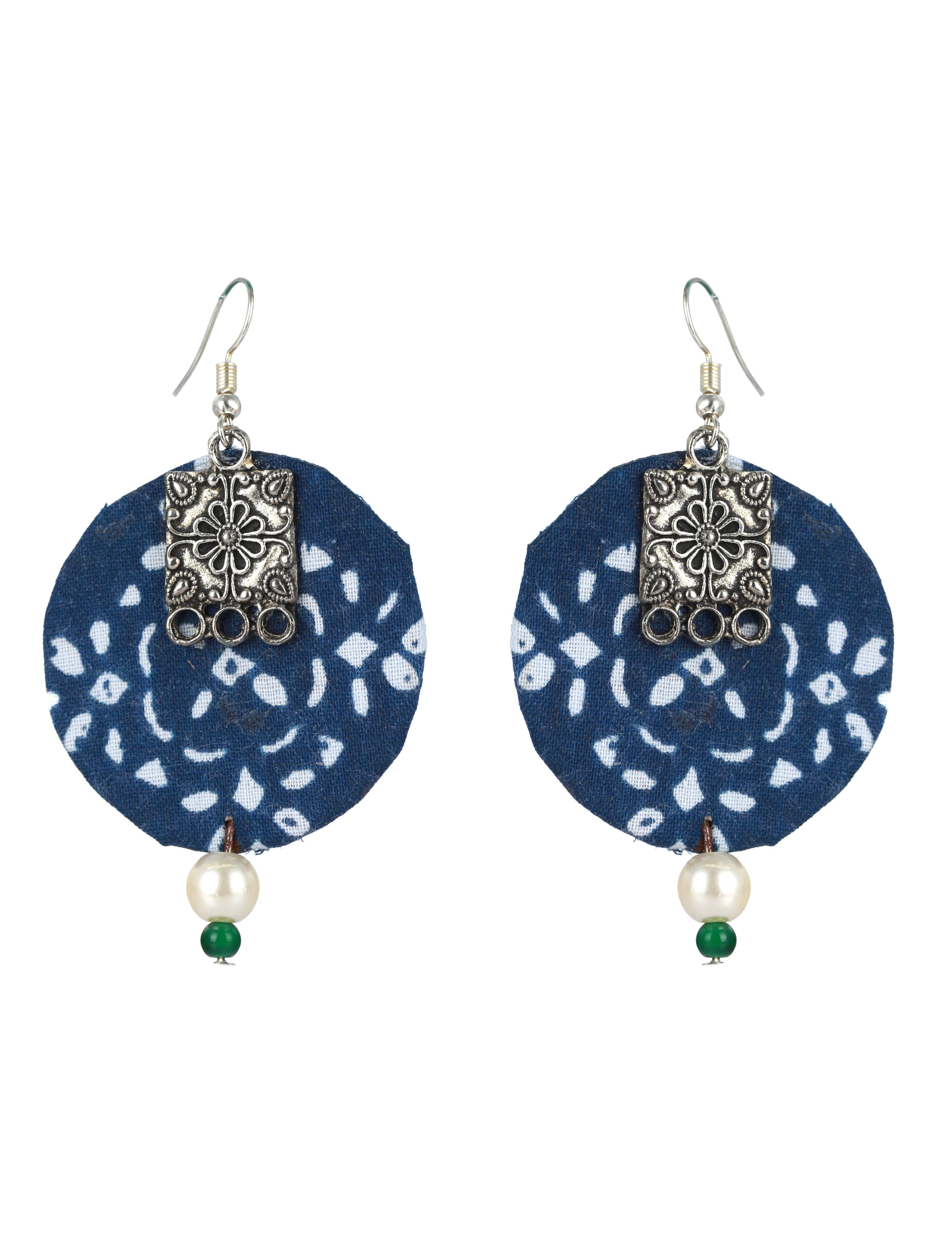 Blue and White Handpainted Fabric Material & Silver Work with White & Green Beads Jewellery Set - Jazzandsizzle