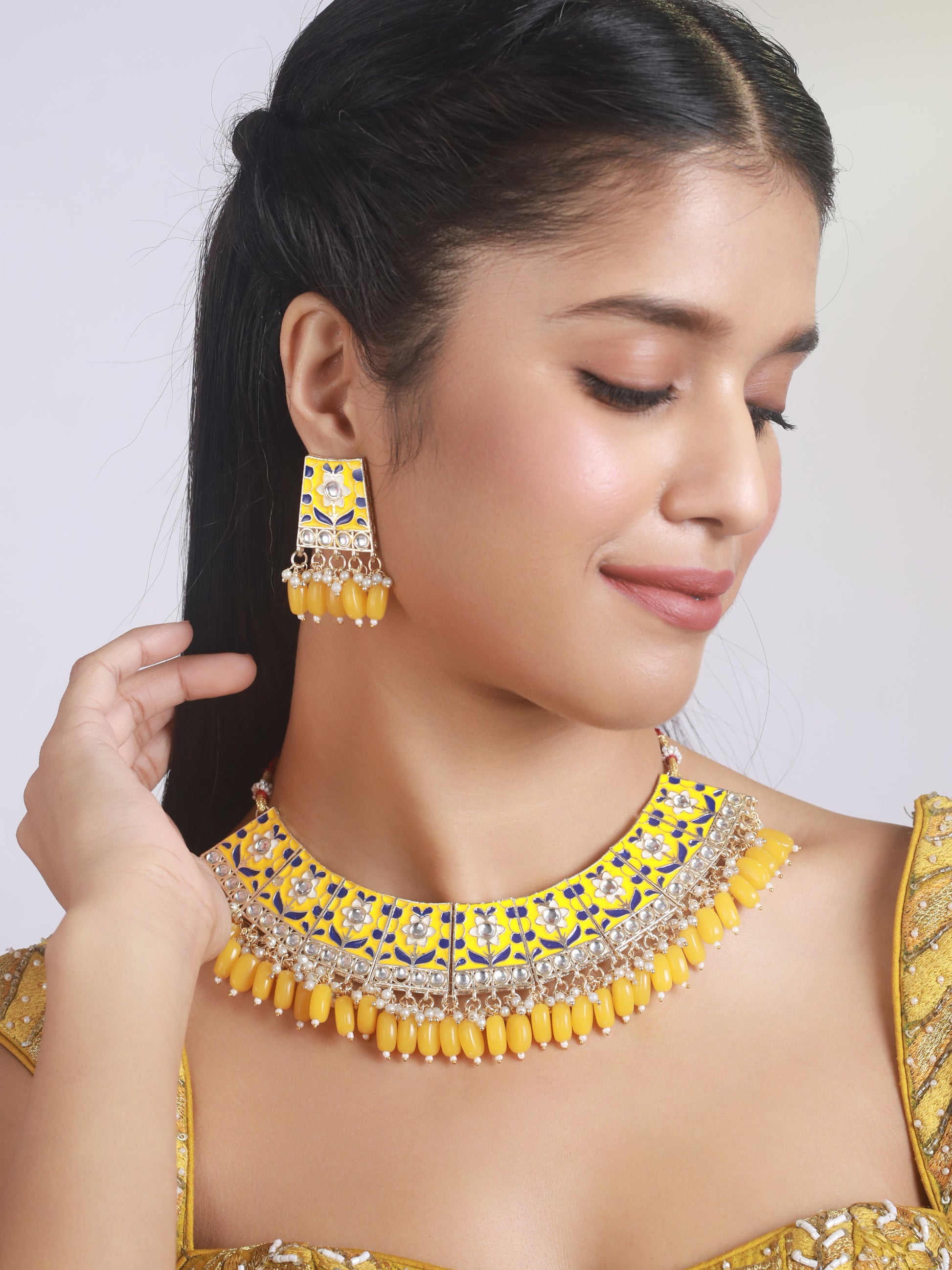 Gold-Plated Yellow Meenakari & Pearl Beaded Choker Jewellery Set - Jazzandsizzle