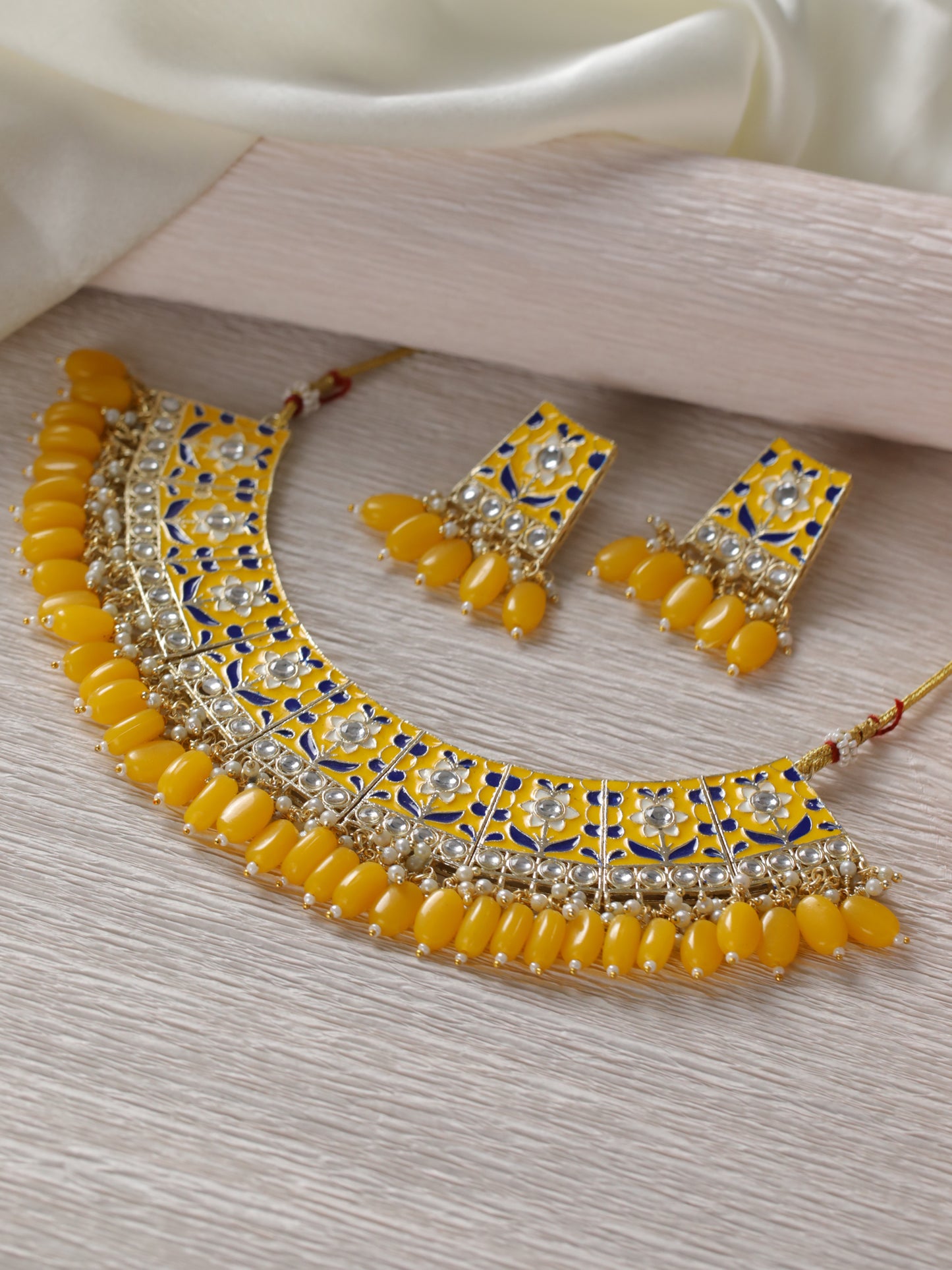 Gold-Plated Yellow Meenakari & Pearl Beaded Choker Jewellery Set - Jazzandsizzle