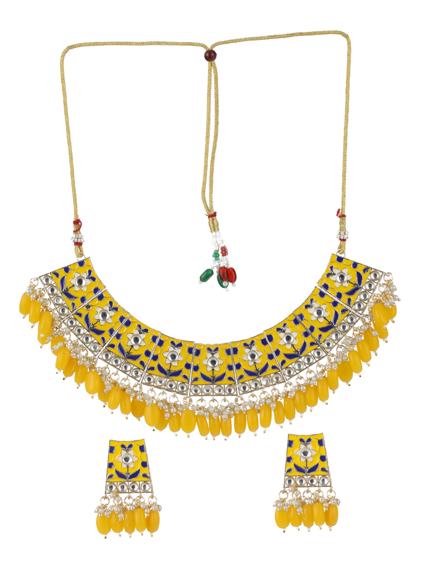 Gold-Plated Yellow Meenakari & Pearl Beaded Choker Jewellery Set - Jazzandsizzle