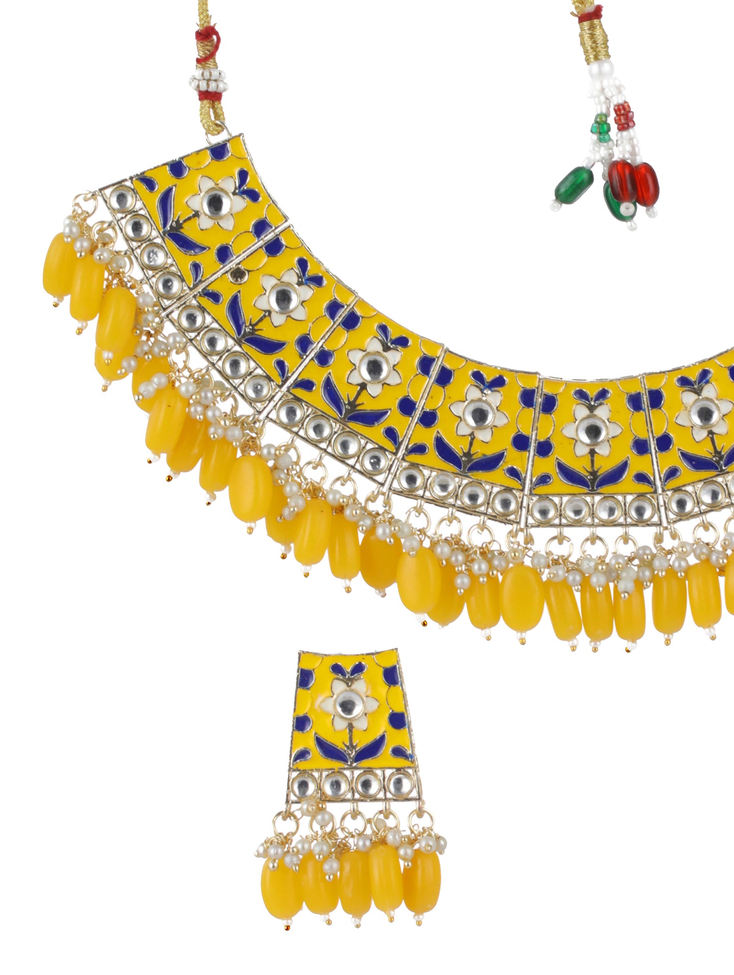 Gold-Plated Yellow Meenakari & Pearl Beaded Choker Jewellery Set - Jazzandsizzle