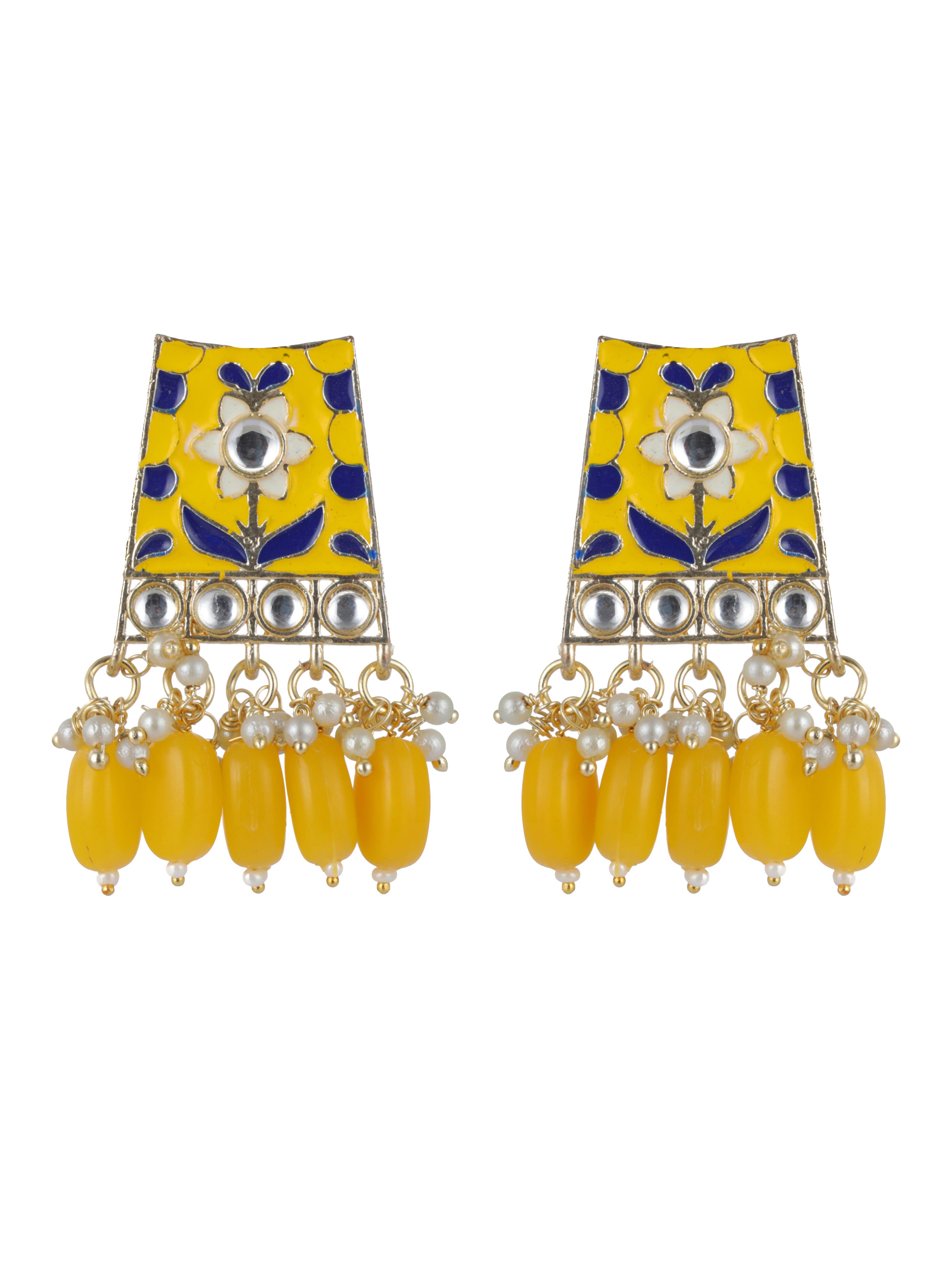Gold-Plated Yellow Meenakari & Pearl Beaded Choker Jewellery Set - Jazzandsizzle