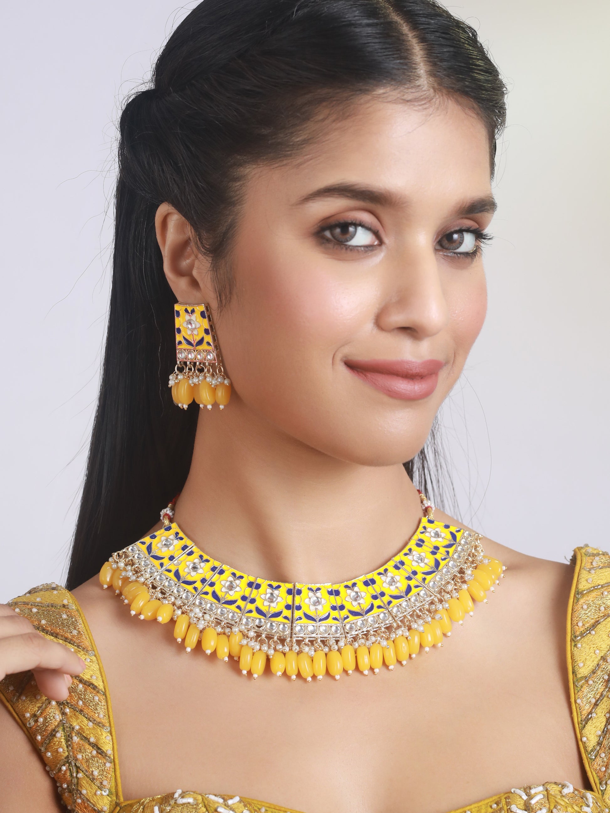 Gold-Plated Yellow Meenakari & Pearl Beaded Choker Jewellery Set - Jazzandsizzle