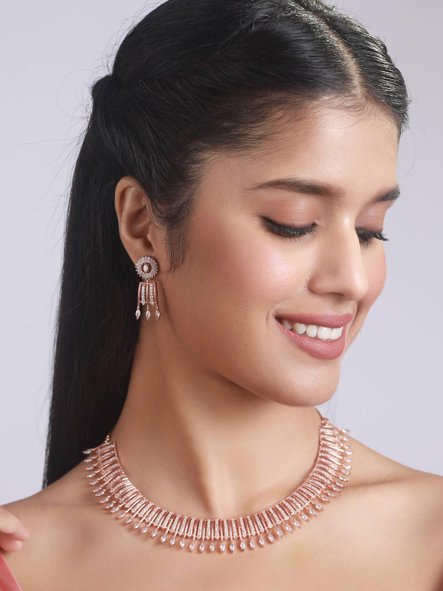 Rose Gold-Plated American Diamond Studded Jewellery Set - Jazzandsizzle