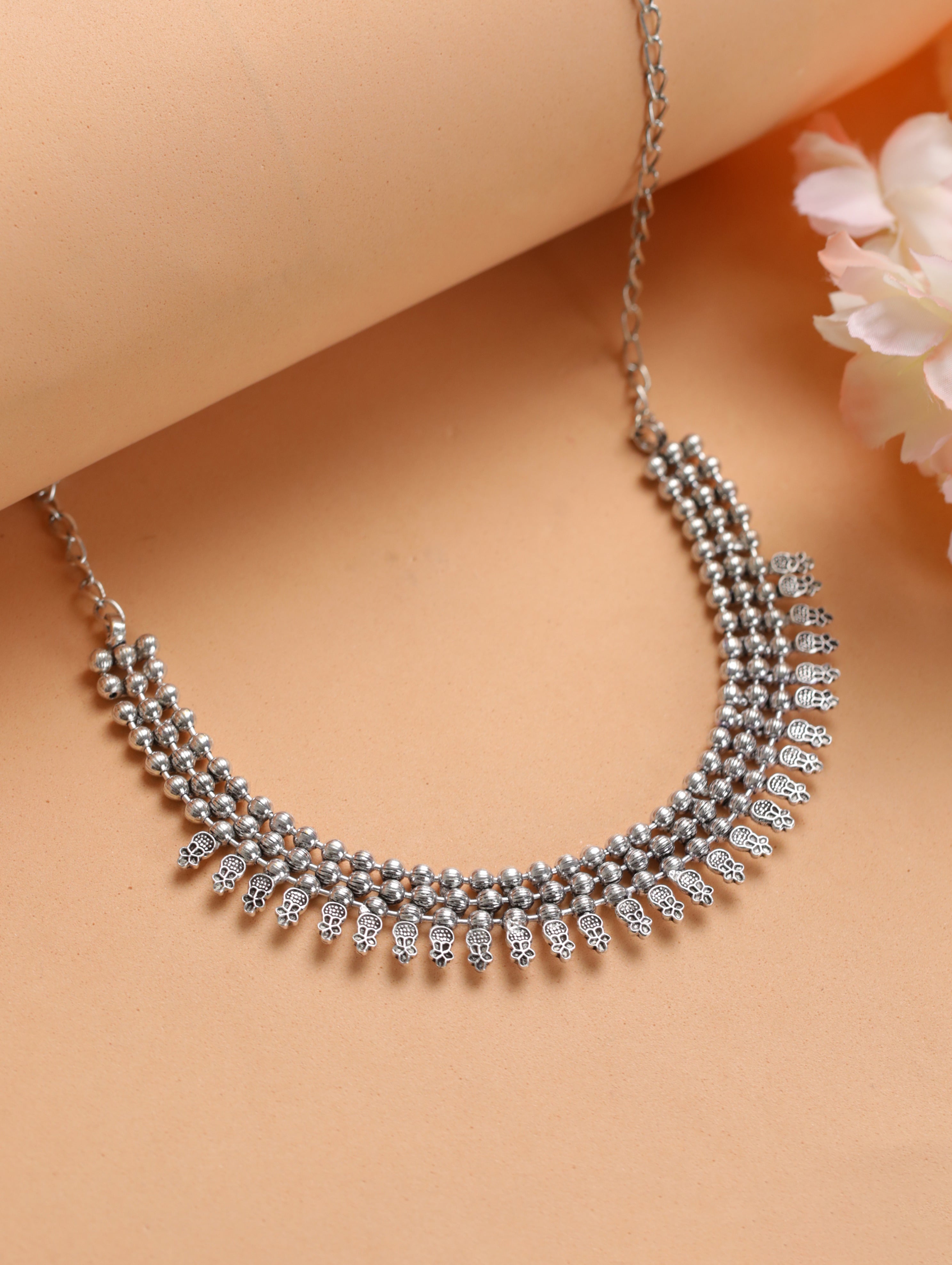 Silver-Toned German Silver & Silver-Plated Oxidised Necklace