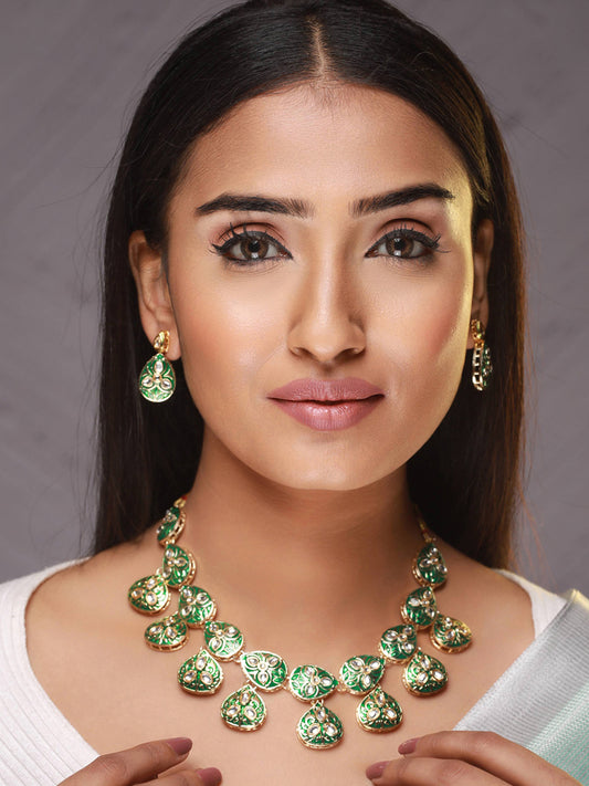 Green & Gold-Plated Enamelledand kundan studded Handcrafted Jewellery Set - Jazzandsizzle