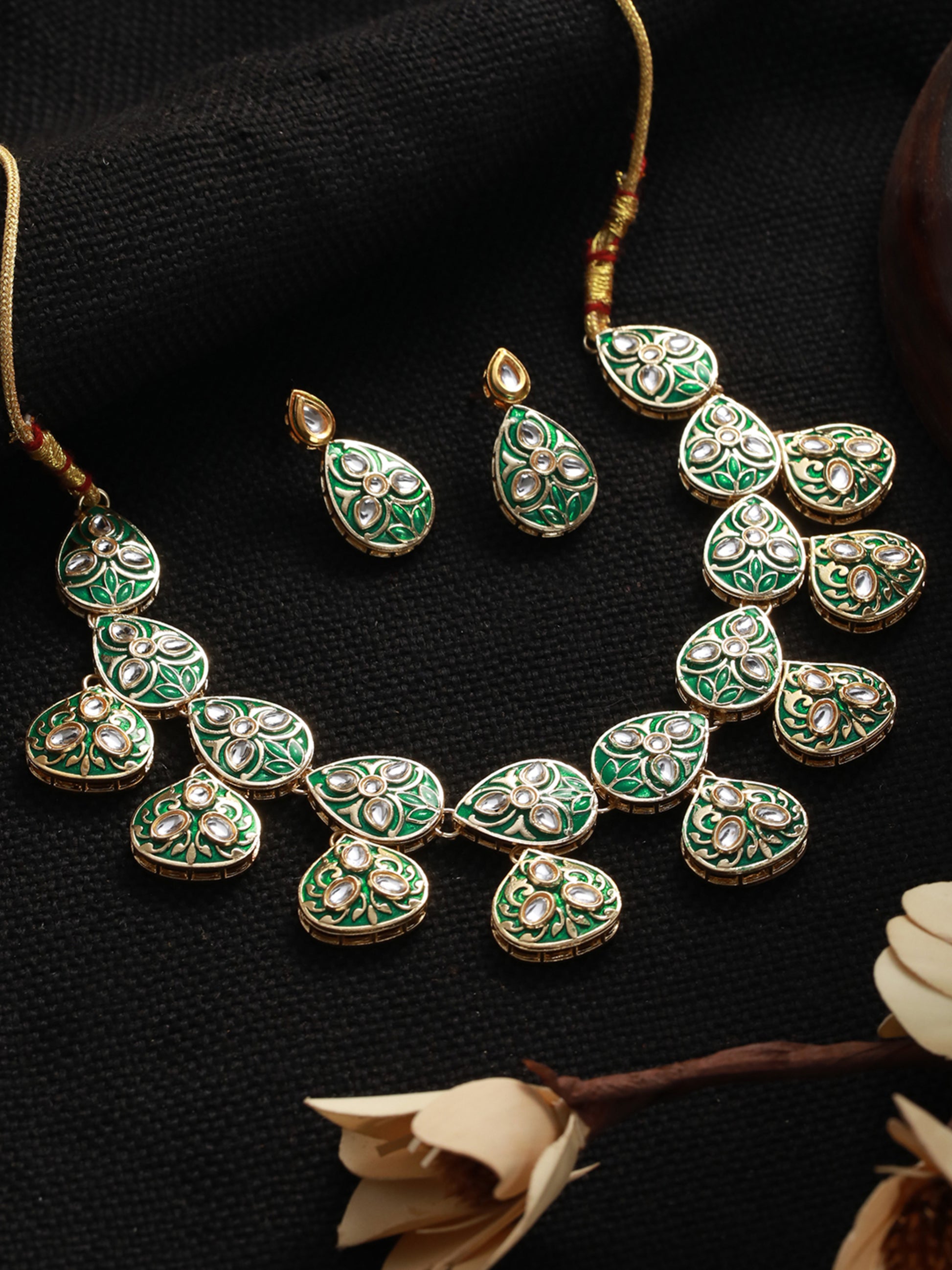 Green & Gold-Plated Enamelledand kundan studded Handcrafted Jewellery Set - Jazzandsizzle