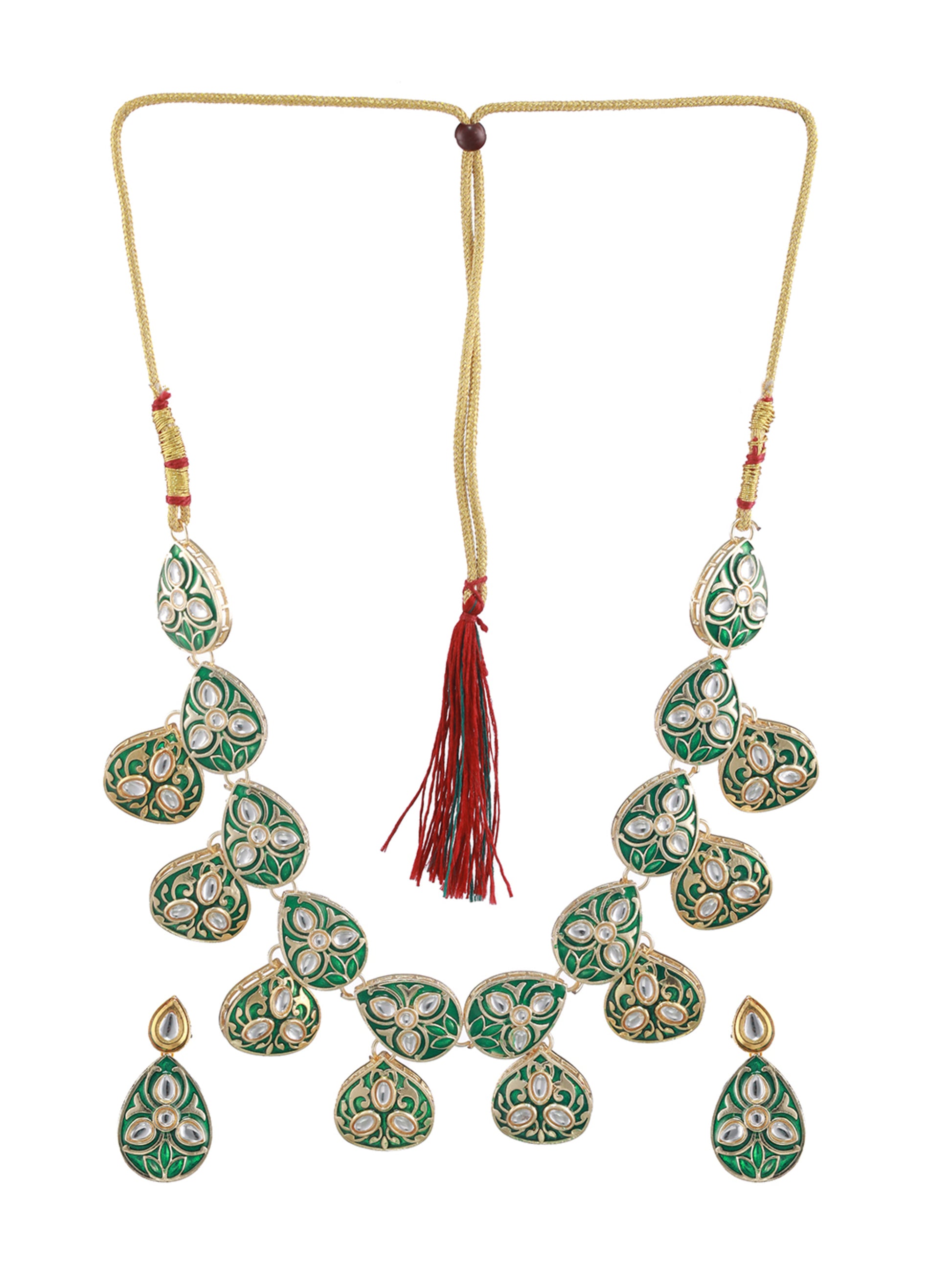 Green & Gold-Plated Enamelledand kundan studded Handcrafted Jewellery Set - Jazzandsizzle