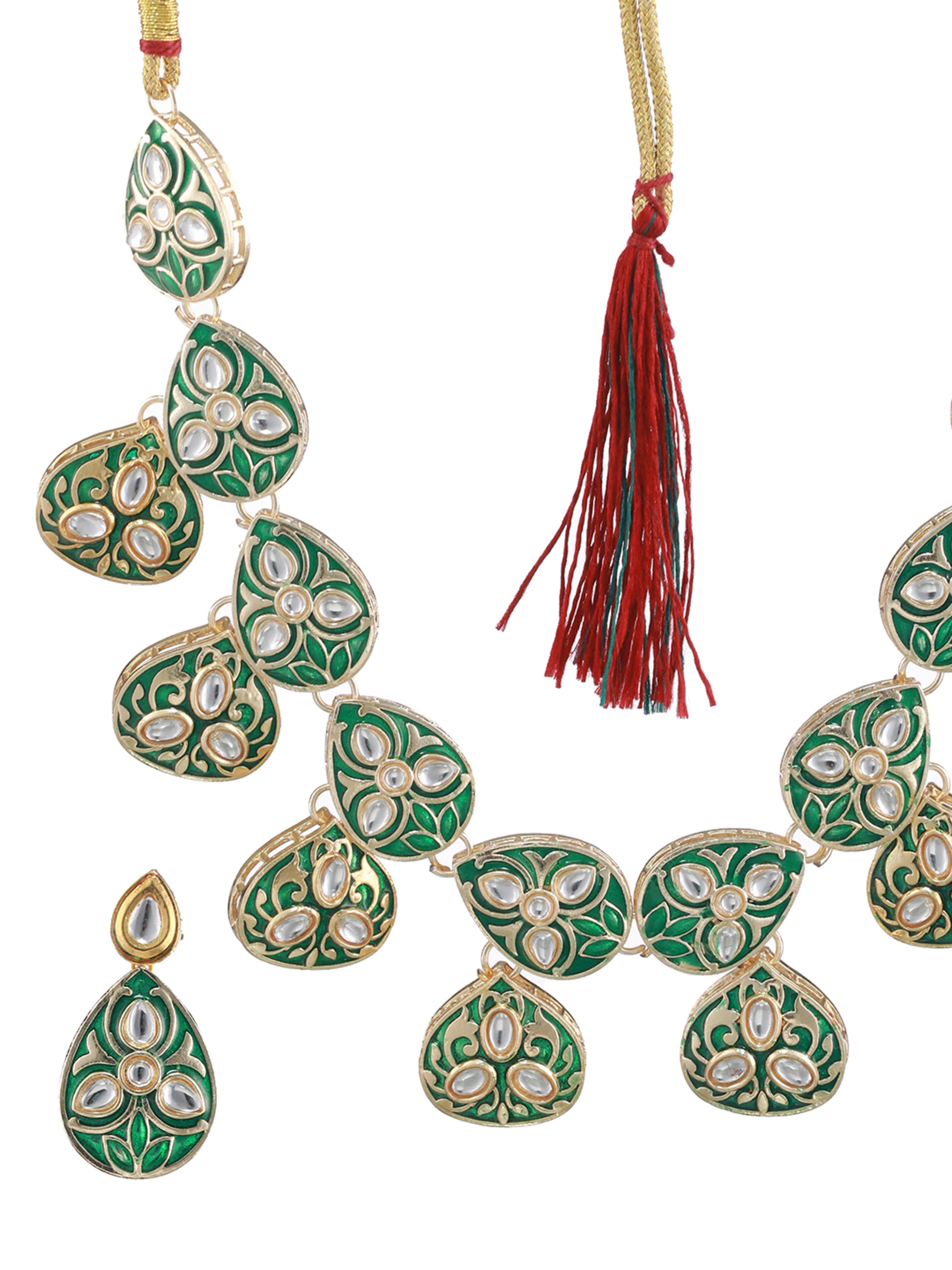 Green & Gold-Plated Enamelledand kundan studded Handcrafted Jewellery Set - Jazzandsizzle