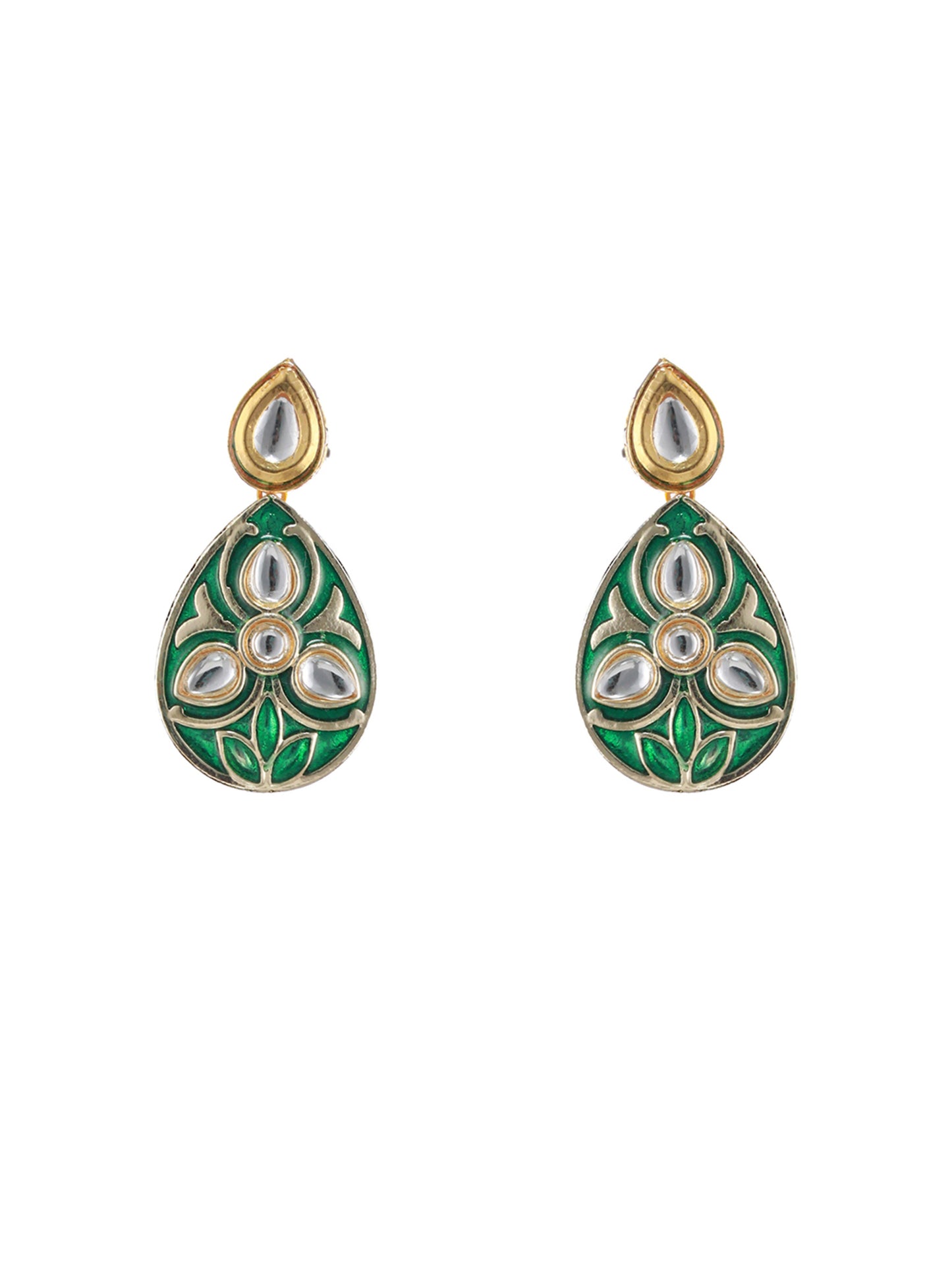 Green & Gold-Plated Enamelledand kundan studded Handcrafted Jewellery Set - Jazzandsizzle