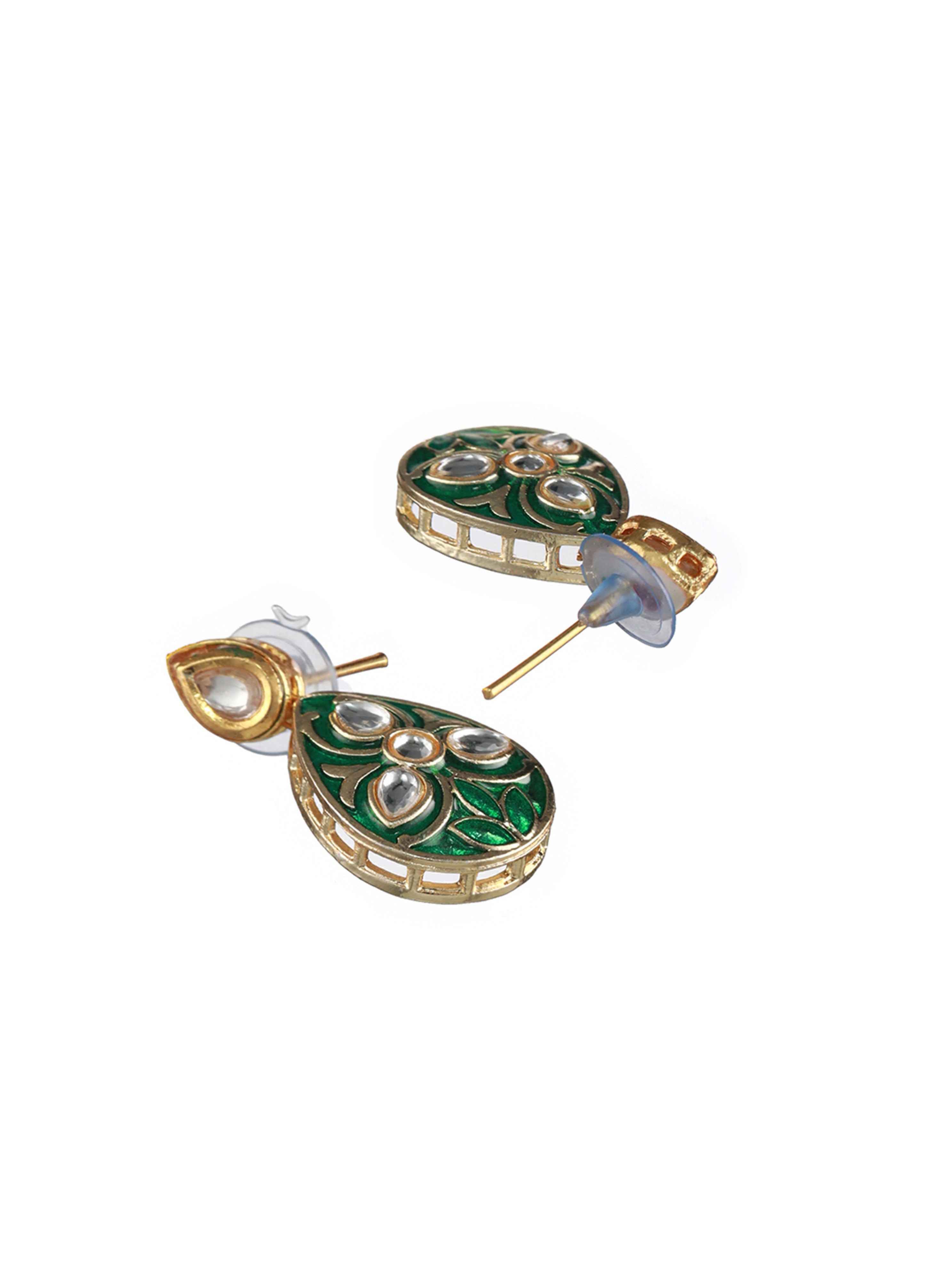 Green & Gold-Plated Enamelledand kundan studded Handcrafted Jewellery Set