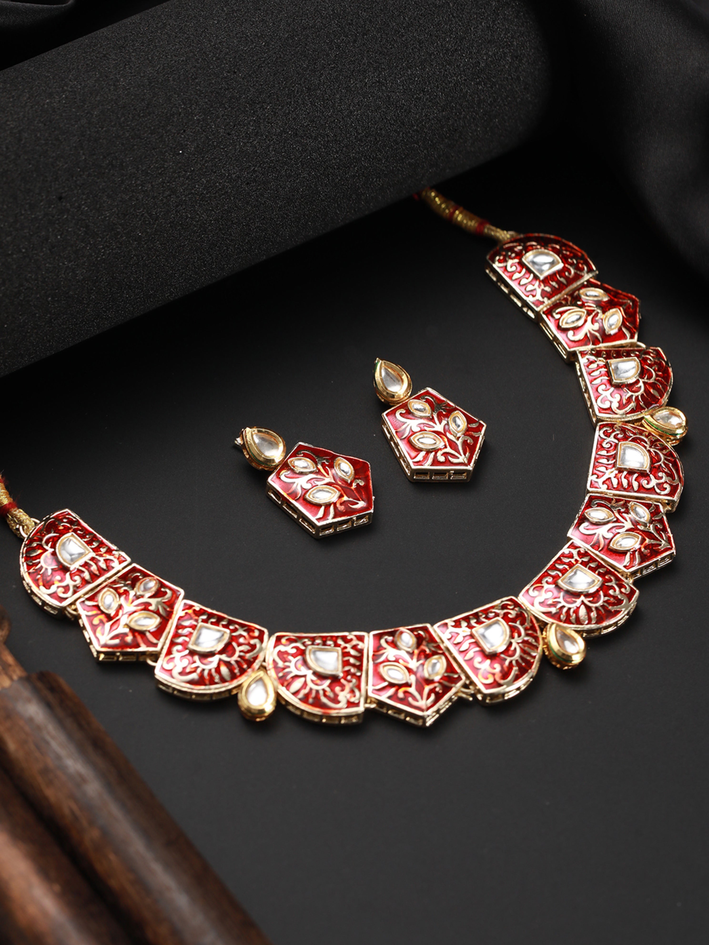 Maroon Gold-Plated Enamelled and kundan studded Handcrafted Jewellery Set