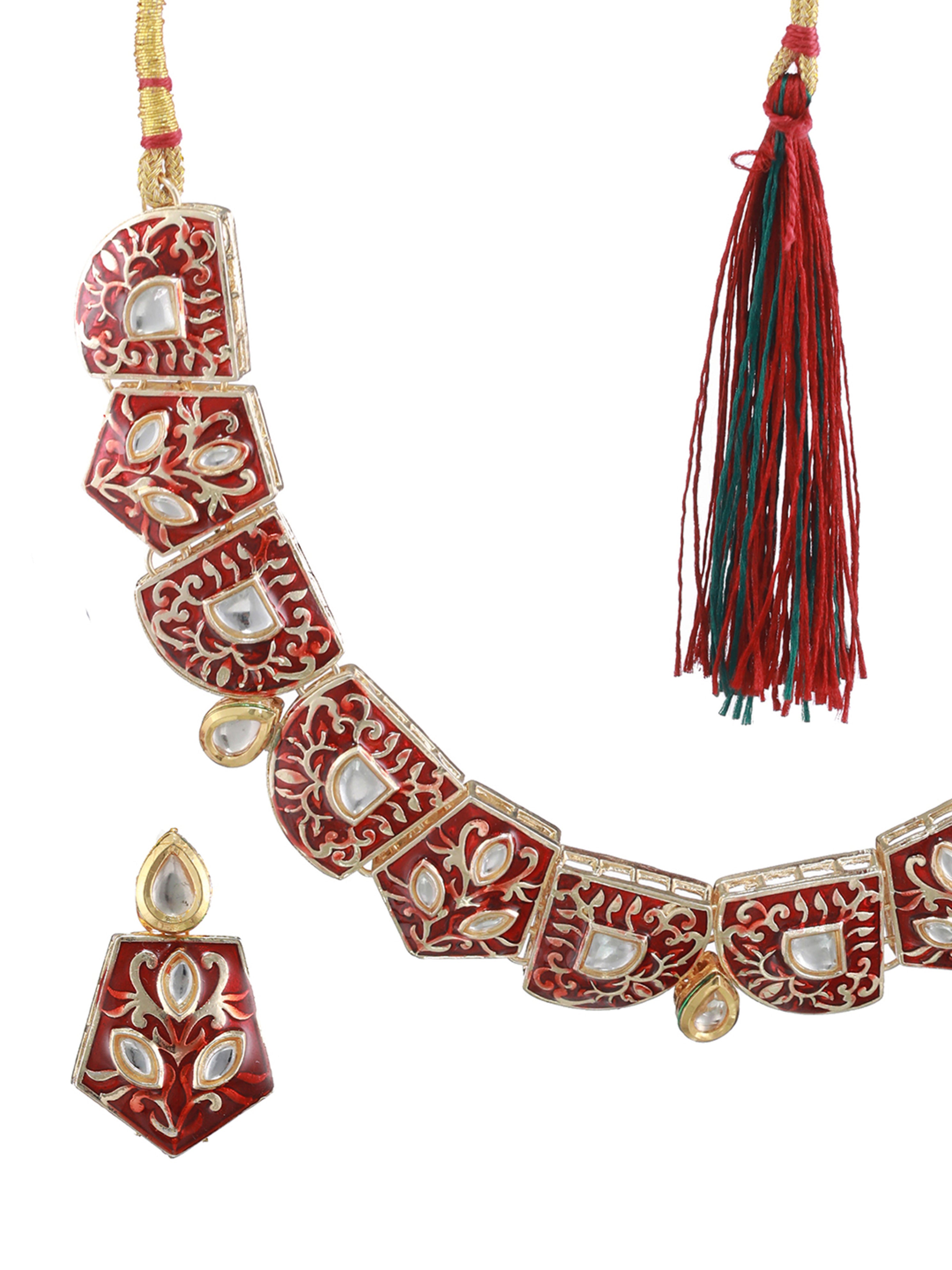 Maroon Gold-Plated Enamelled and kundan studded Handcrafted Jewellery Set