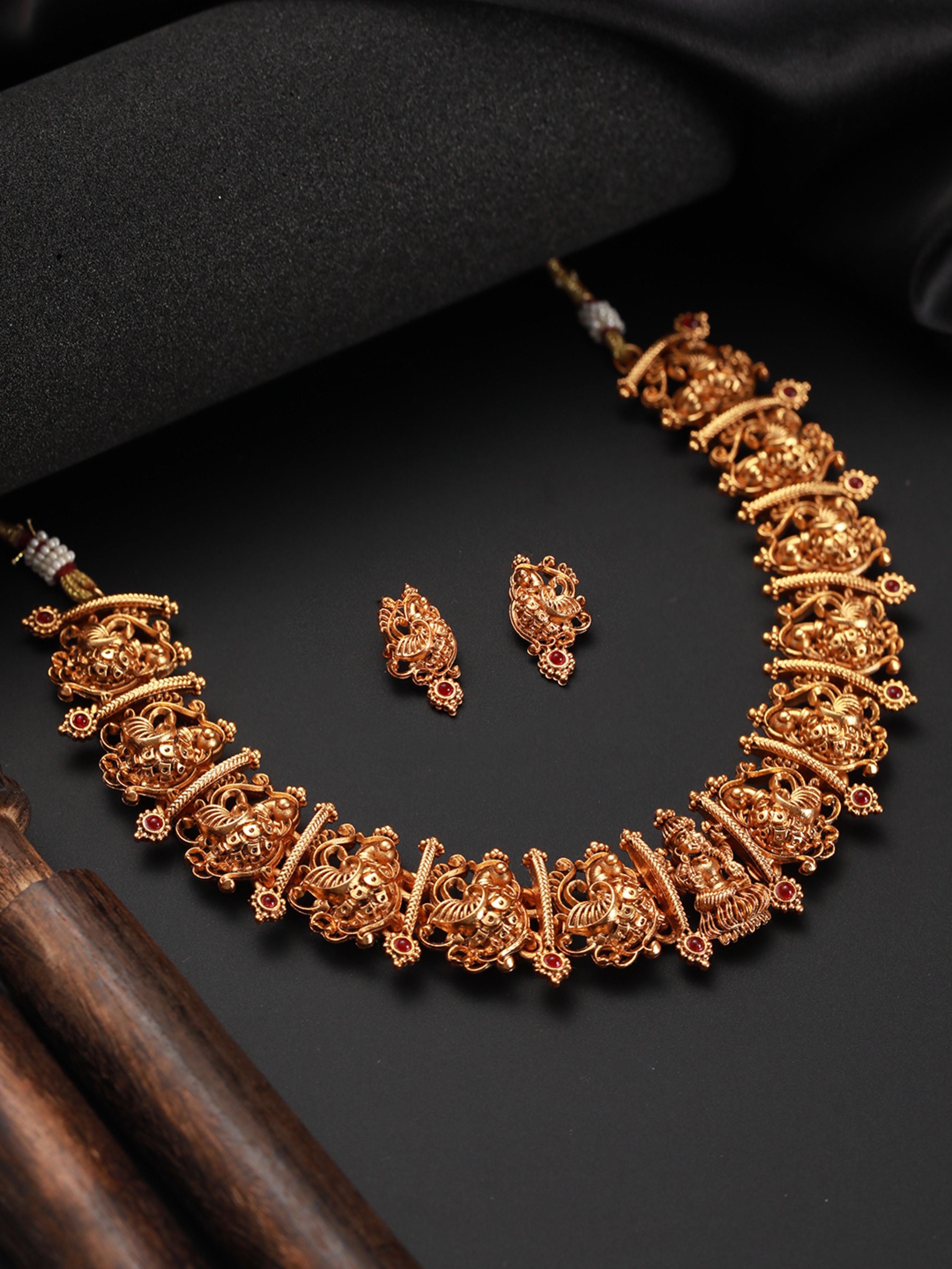 Gold-Plated Red Stone-Studded Temple Choker Jewellery Set - Jazzandsizzle