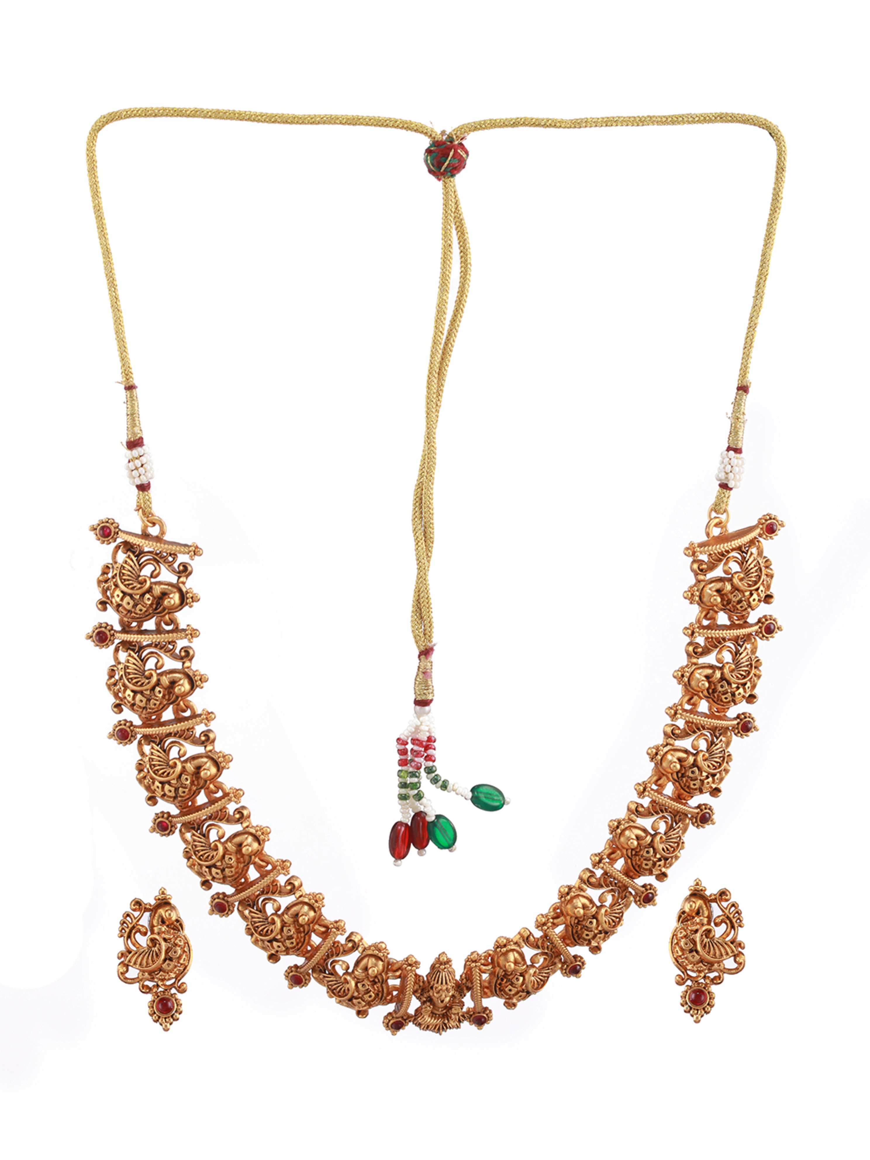 Gold-Plated Red Stone-Studded Temple Choker Jewellery Set