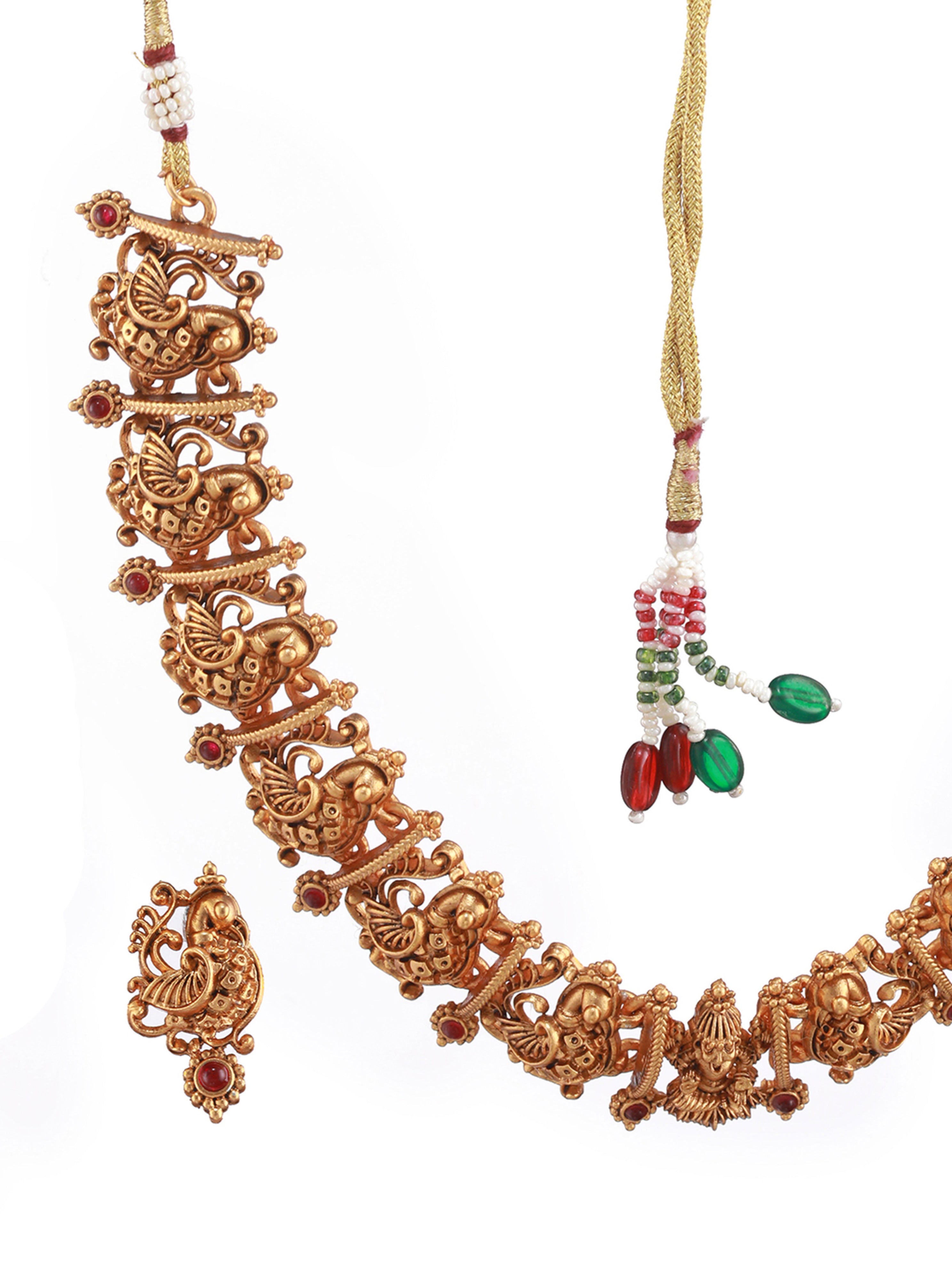 Gold-Plated Red Stone-Studded Temple Choker Jewellery Set - Jazzandsizzle