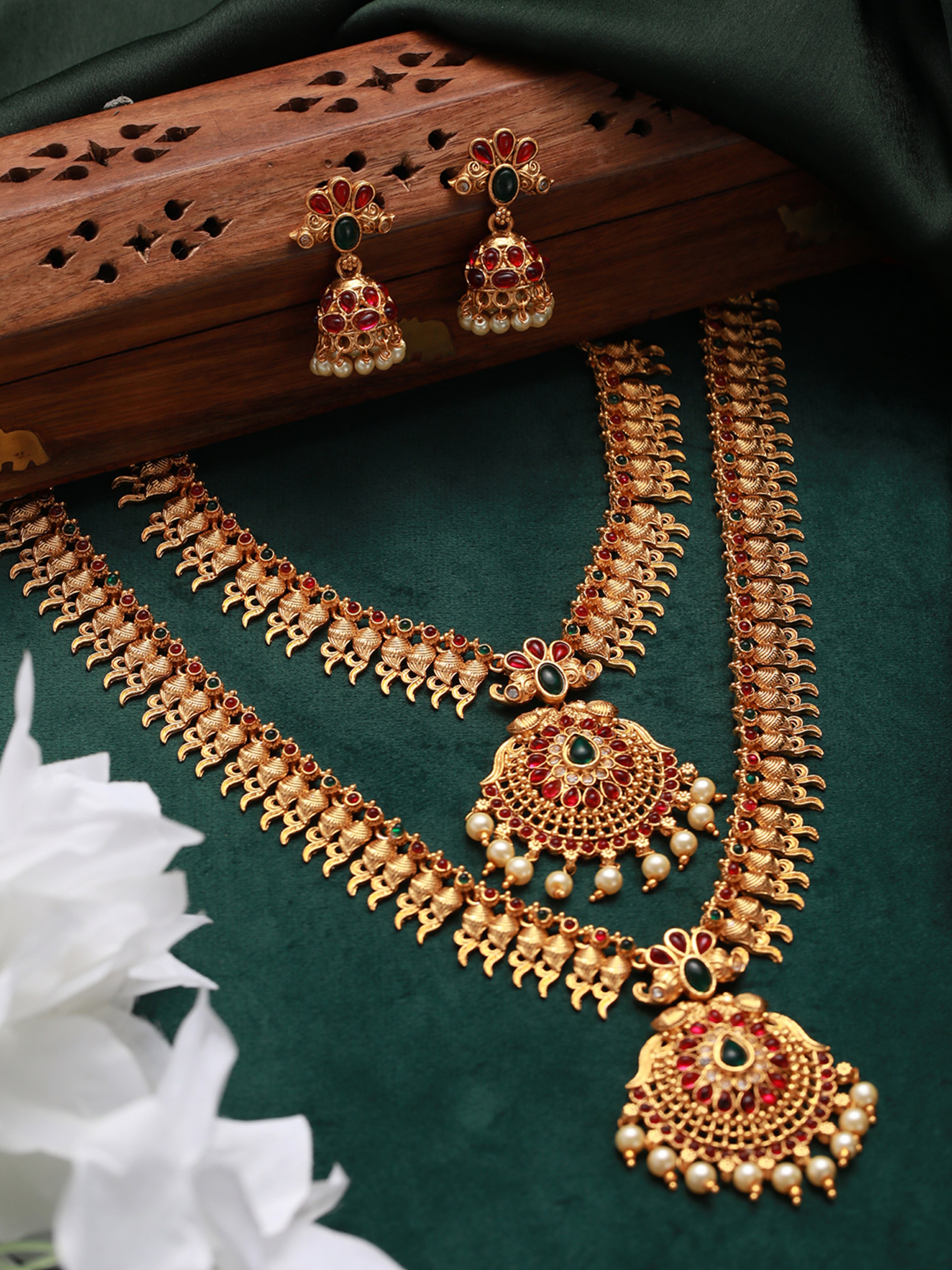 Set of 2 Green & Red Stone studded & Beaded Gold-Plated Temple Choker Jewellery Set - Jazzandsizzle