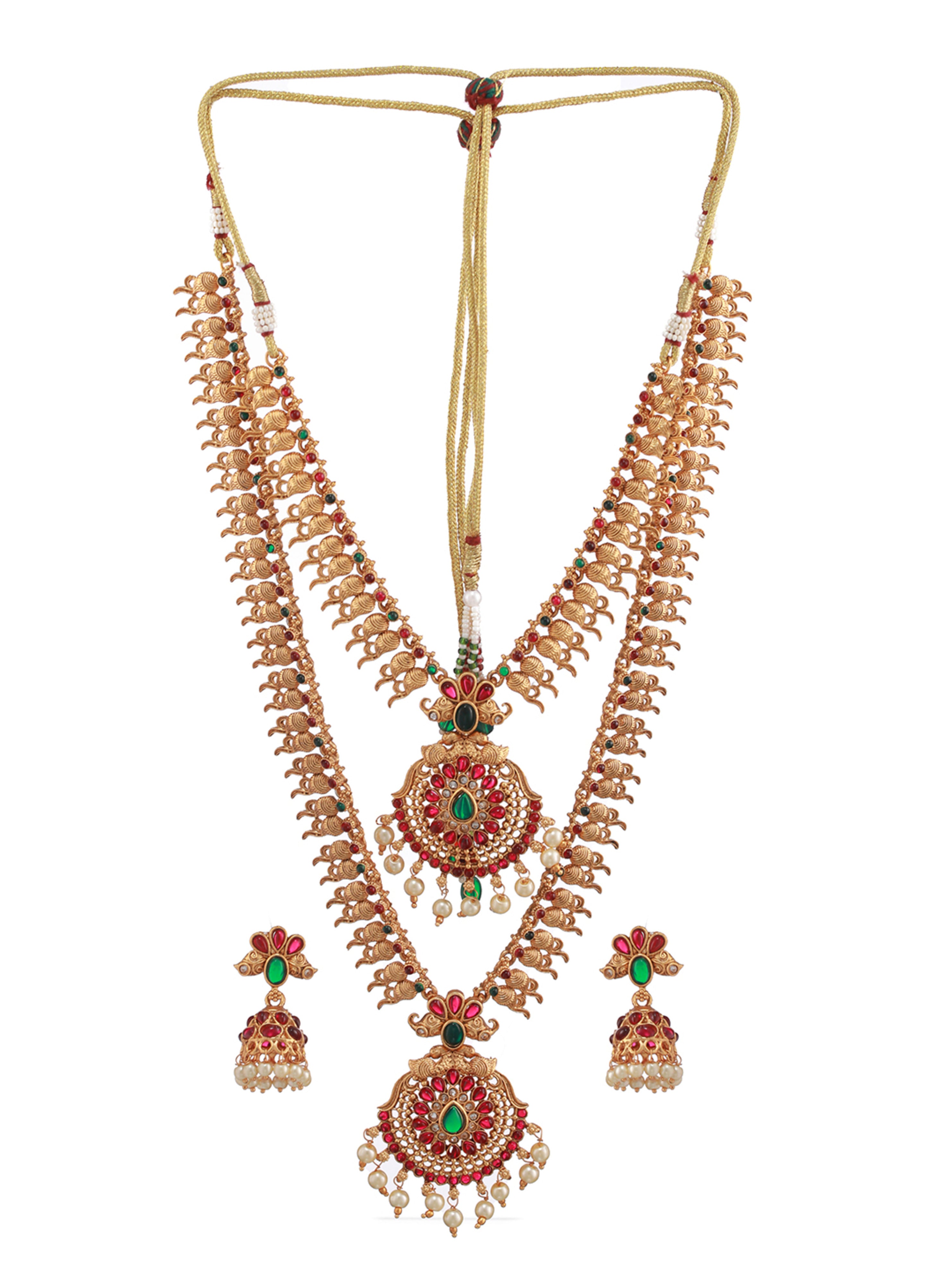 Set of 2 Green & Red Stone studded & Beaded Gold-Plated Temple Choker Jewellery Set - Jazzandsizzle