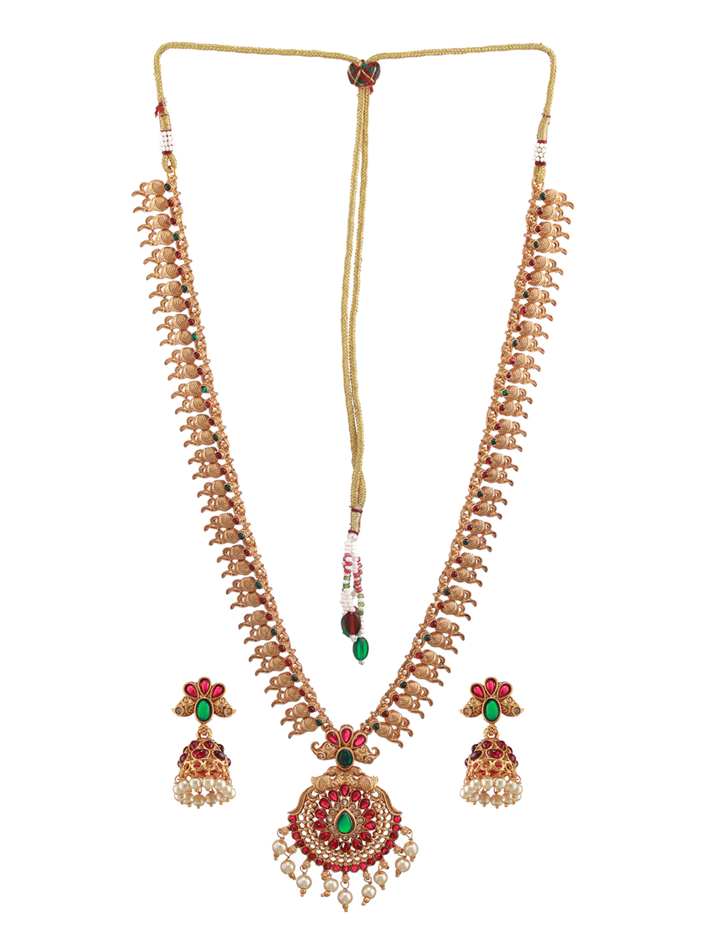 Set of 2 Green & Red Stone studded & Beaded Gold-Plated Temple Choker Jewellery Set