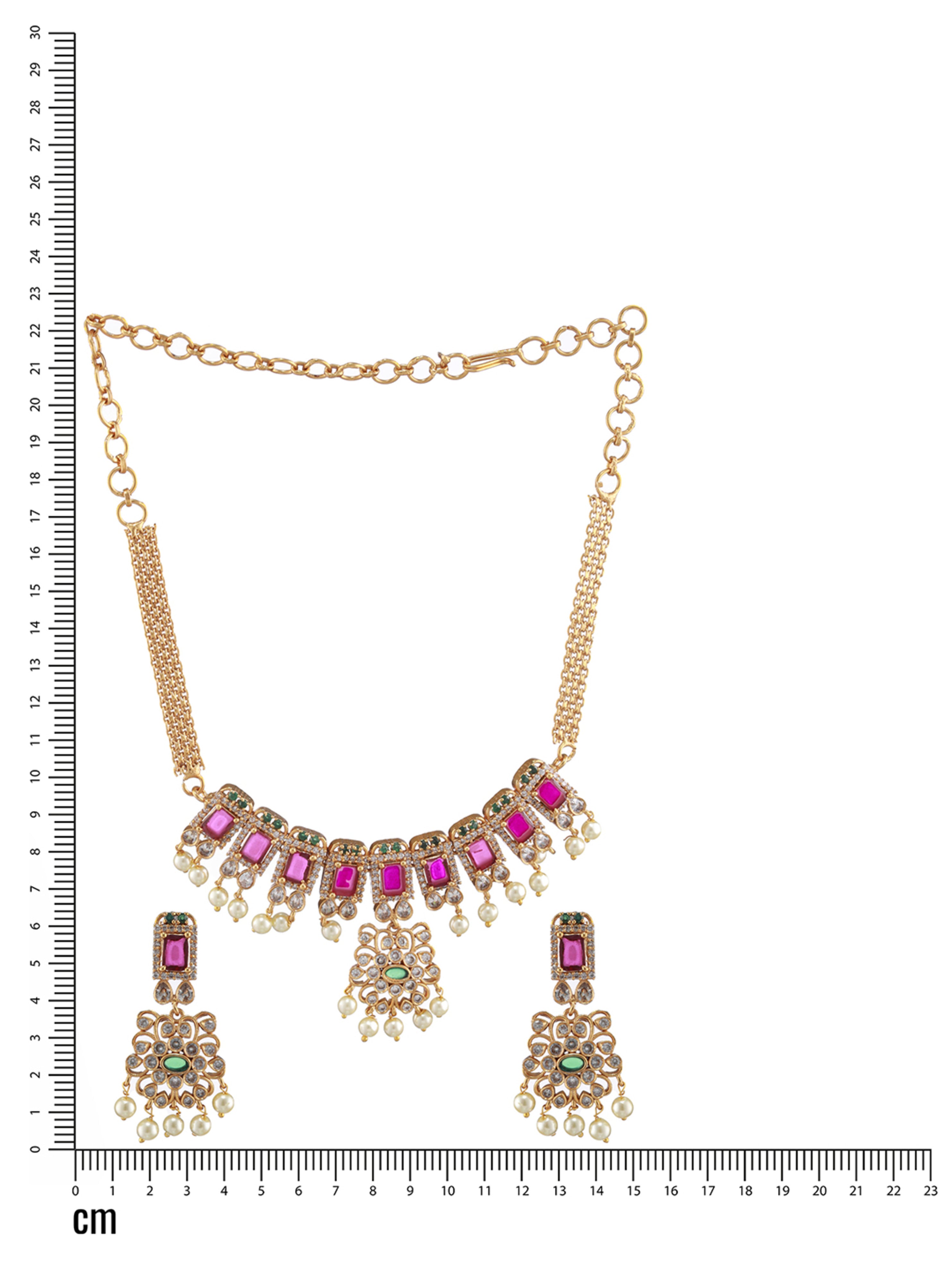 Gold-Plated American Diamond Studded Ruby & Emerald Stone Temple Choker Jewellery Set - Jazzandsizzle