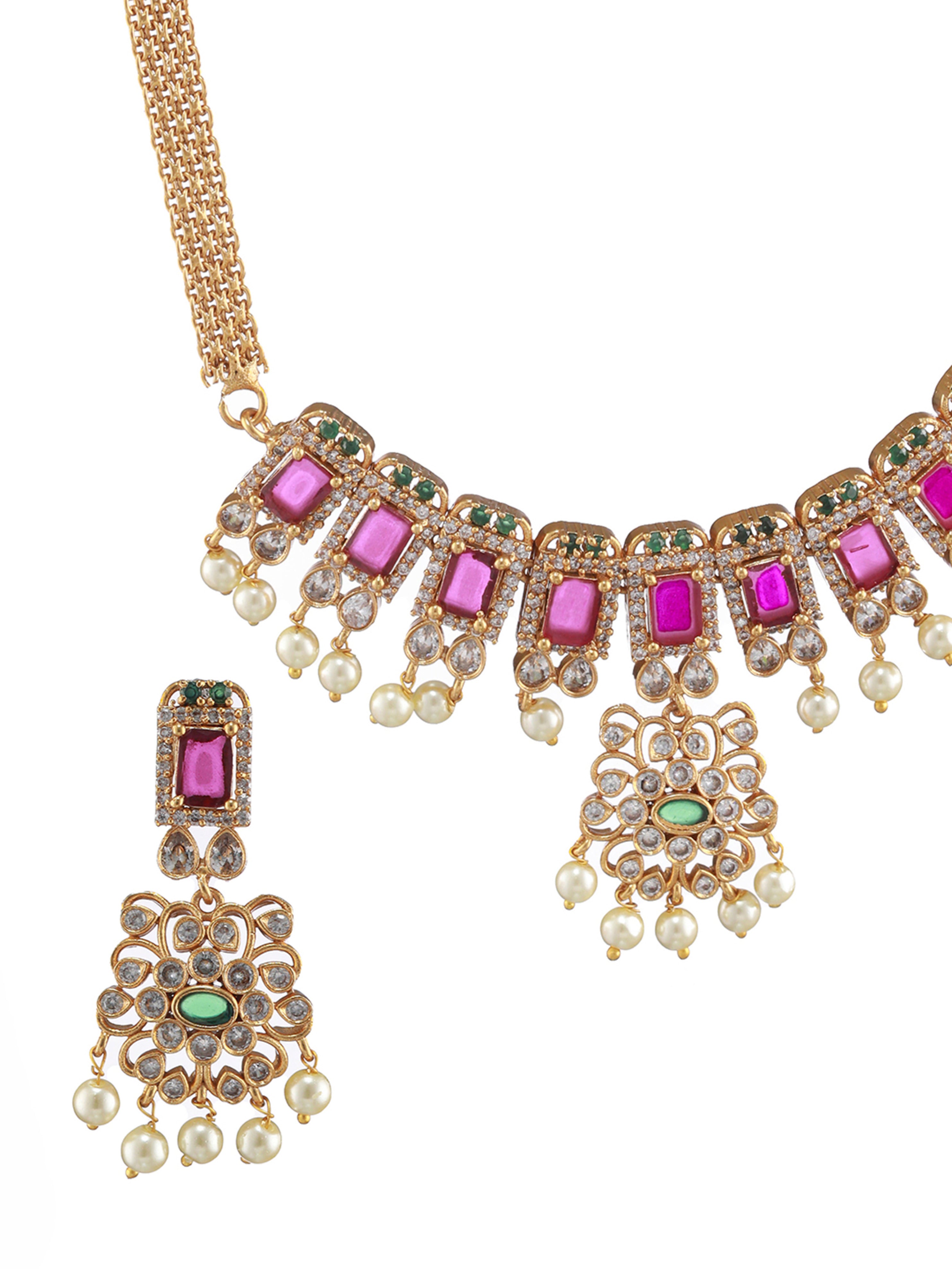 Gold-Plated American Diamond Studded Ruby & Emerald Stone Temple Choker Jewellery Set - Jazzandsizzle